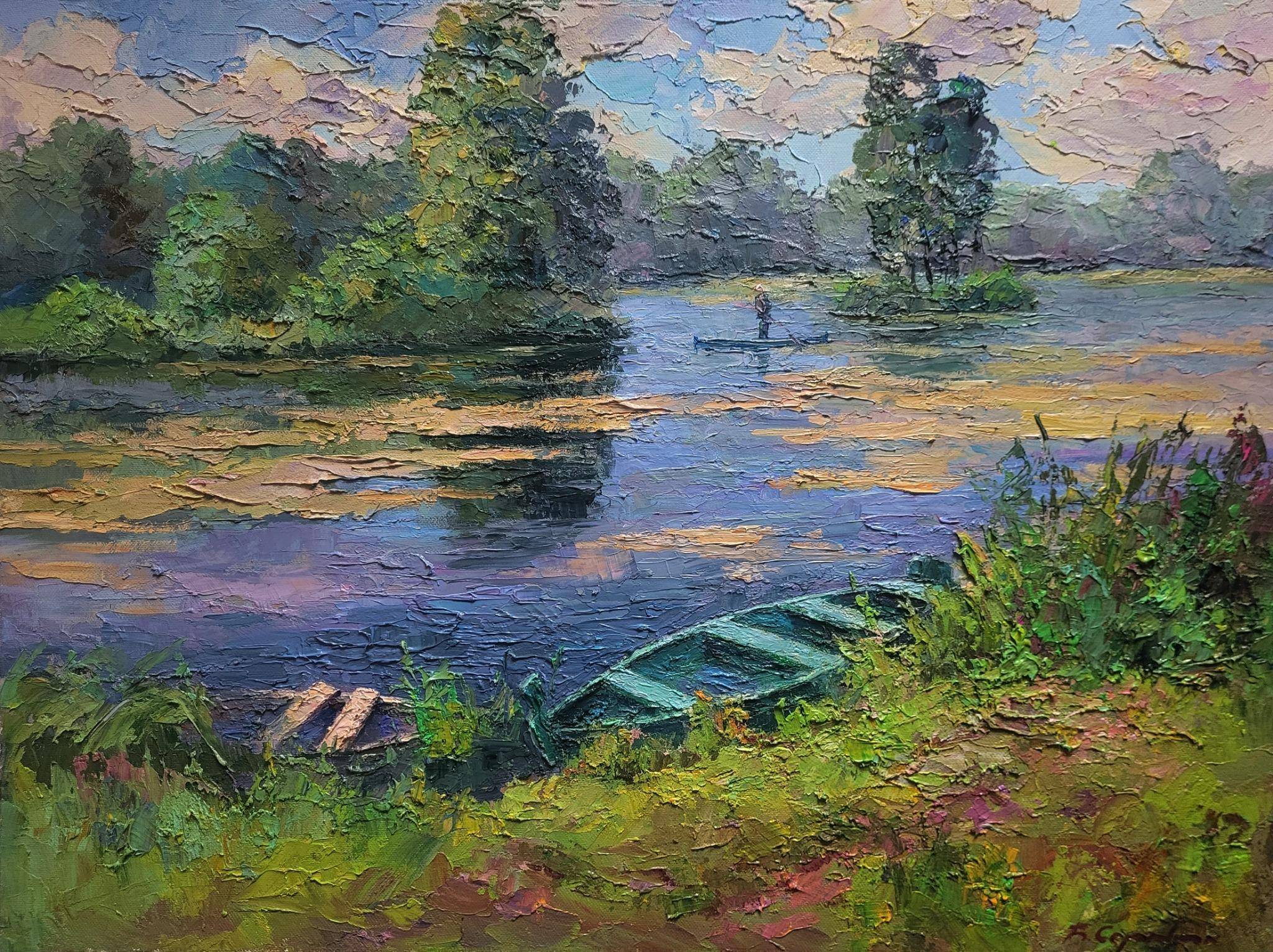 Oil painting Boat on the Pond. Ukrainian Vintage