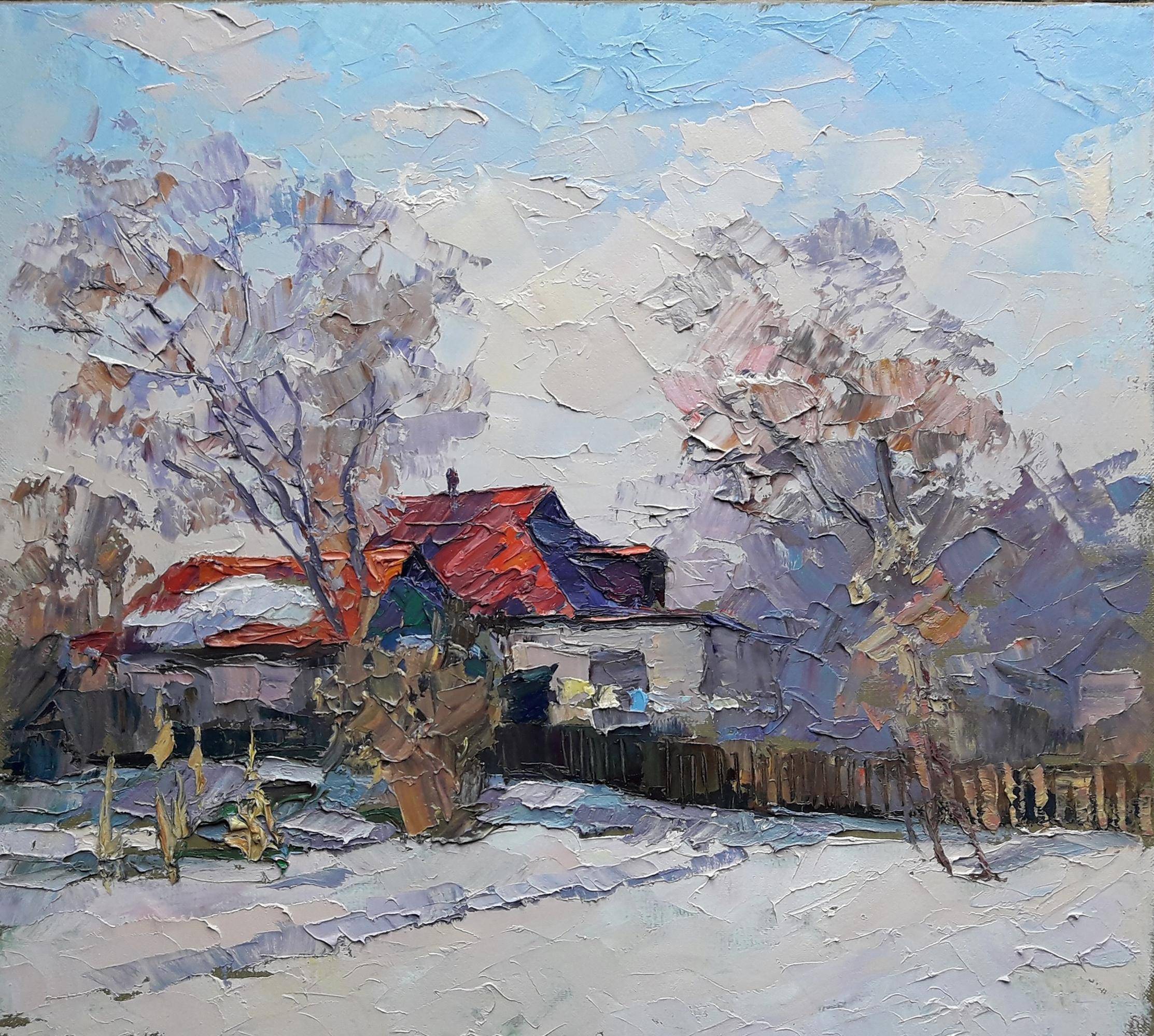 Oil painting House with a Red Roof. Ukrainian Vintage