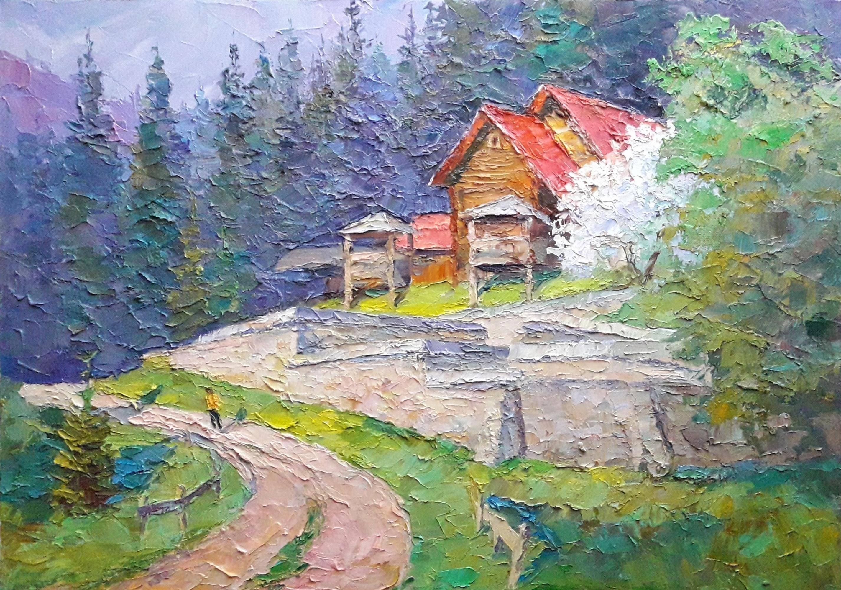Oil painting Spring in the Carpathians. Ukrainian Vintage