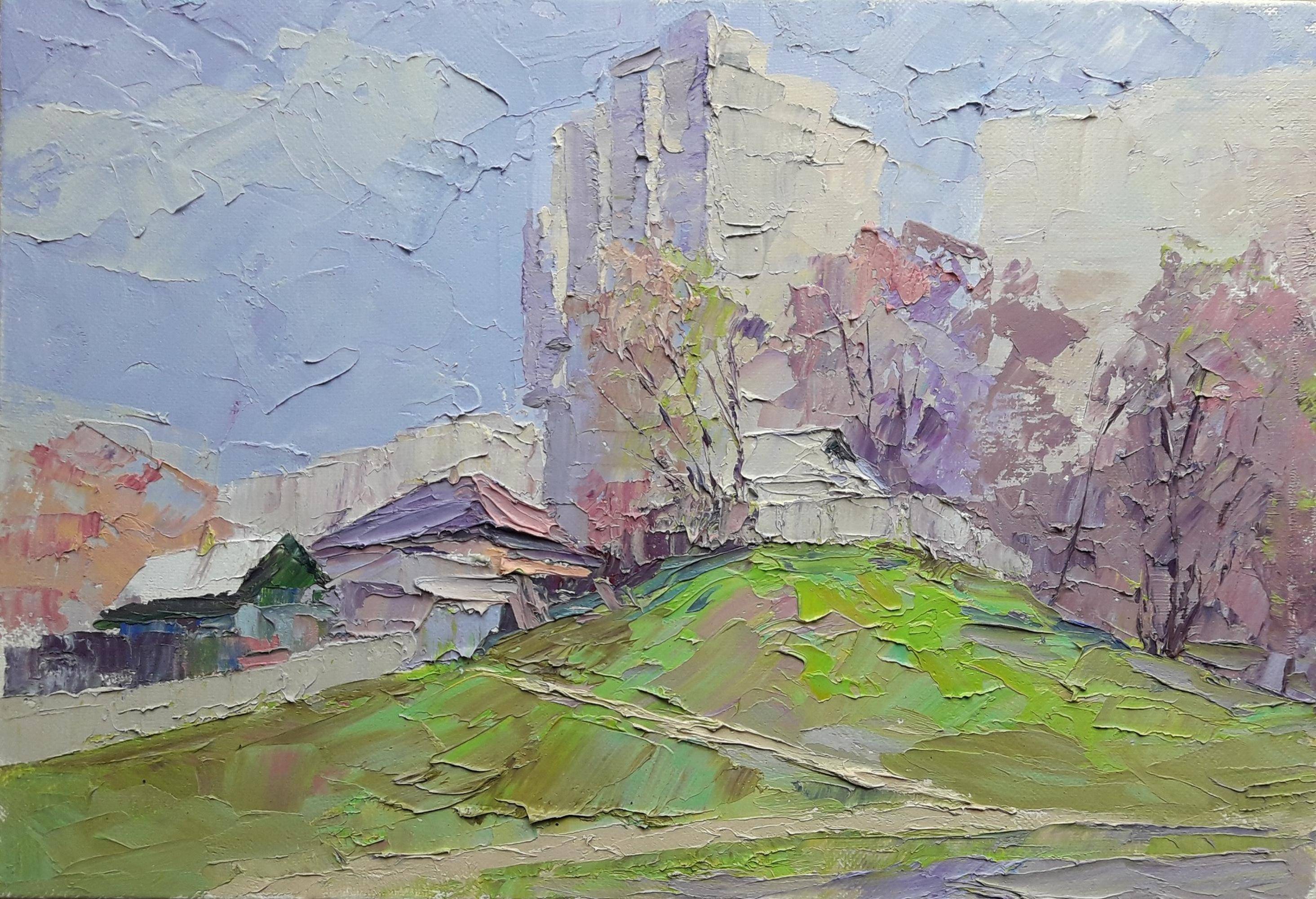 Oil painting Spring on European Street. Ukrainian Vintage