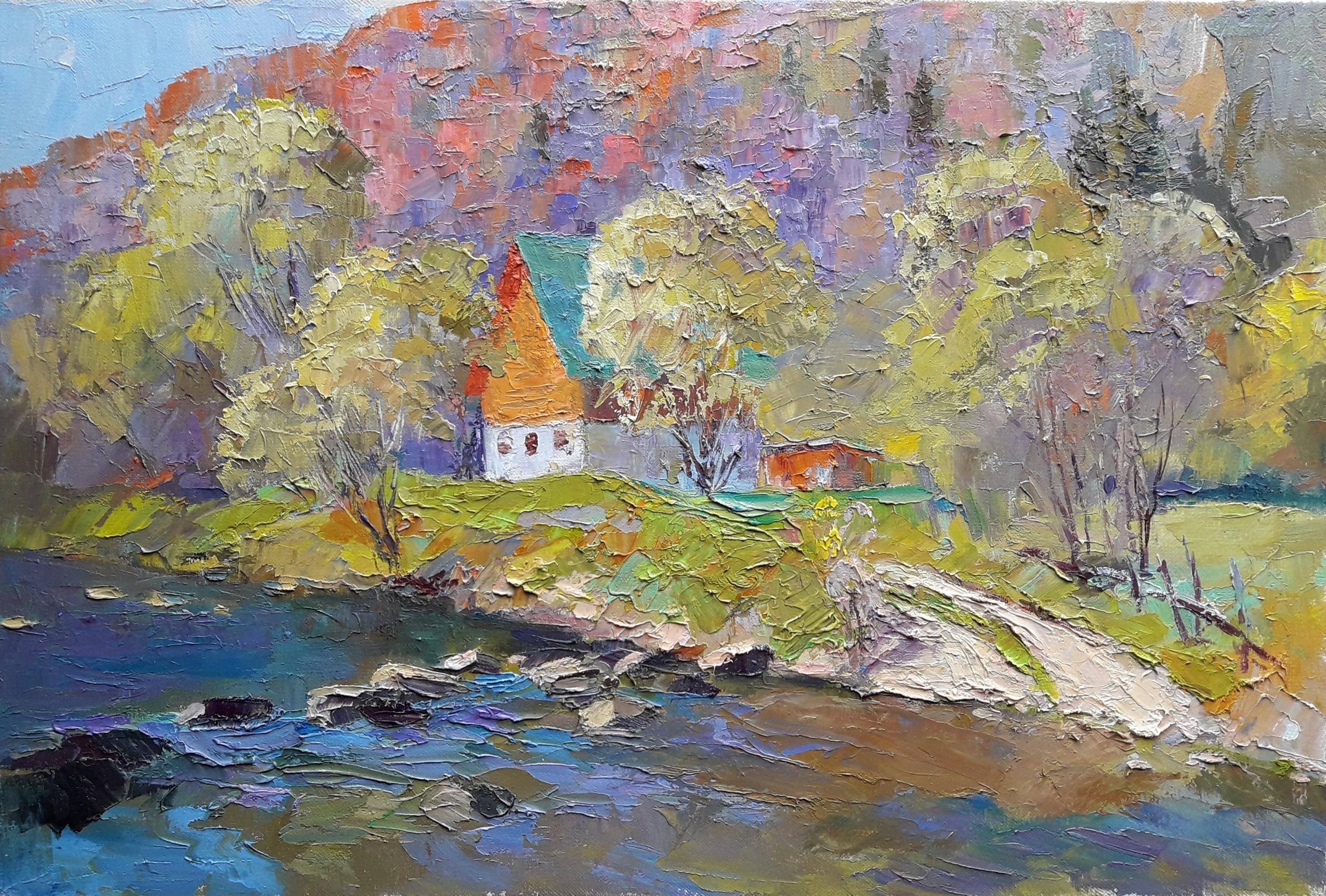 Oil painting Mountain stream. Ukrainian Vintage
