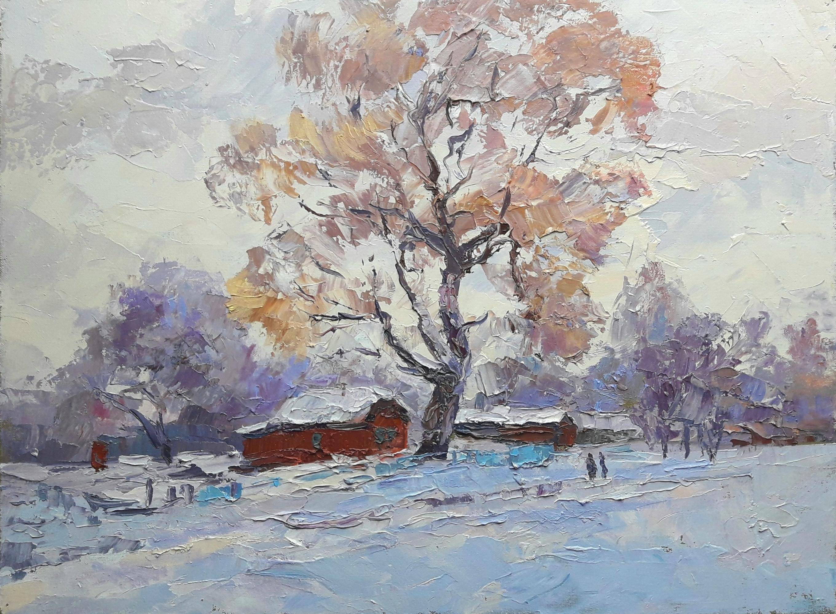Oil painting Winter Street. Ukrainian Vintage