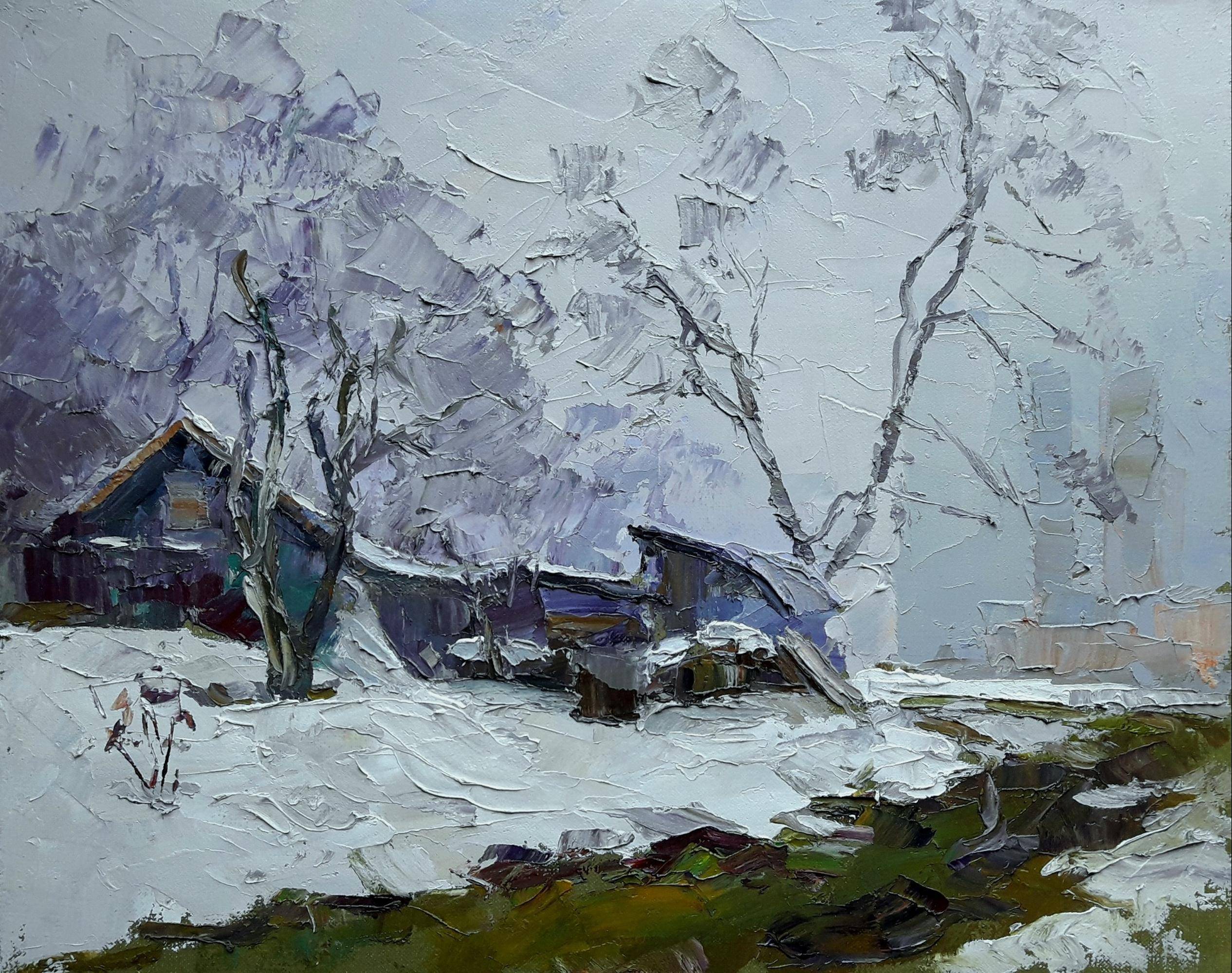 Oil painting Winter Evening. Ukrainian Vintage