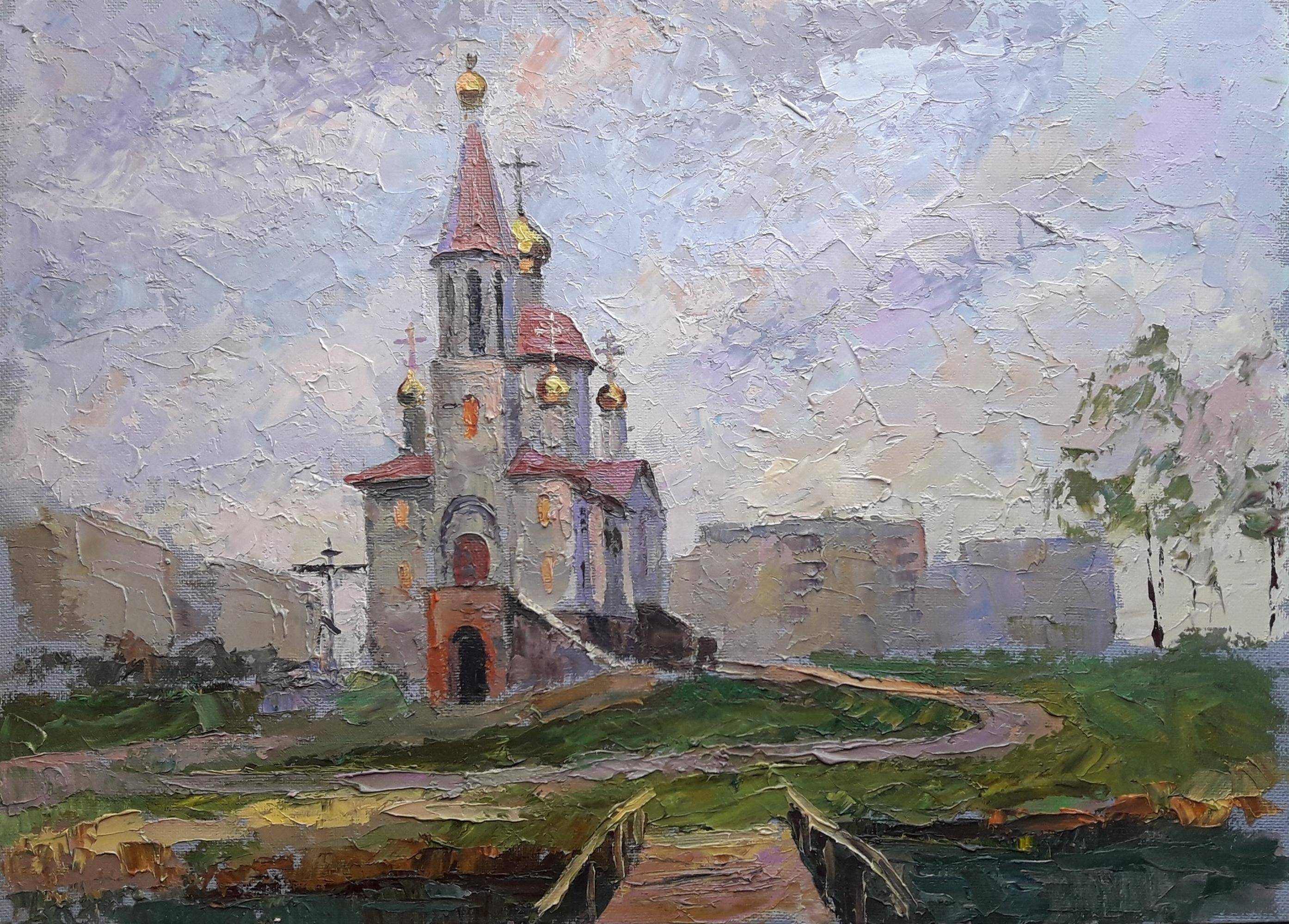 Oil painting Temple near the River. 