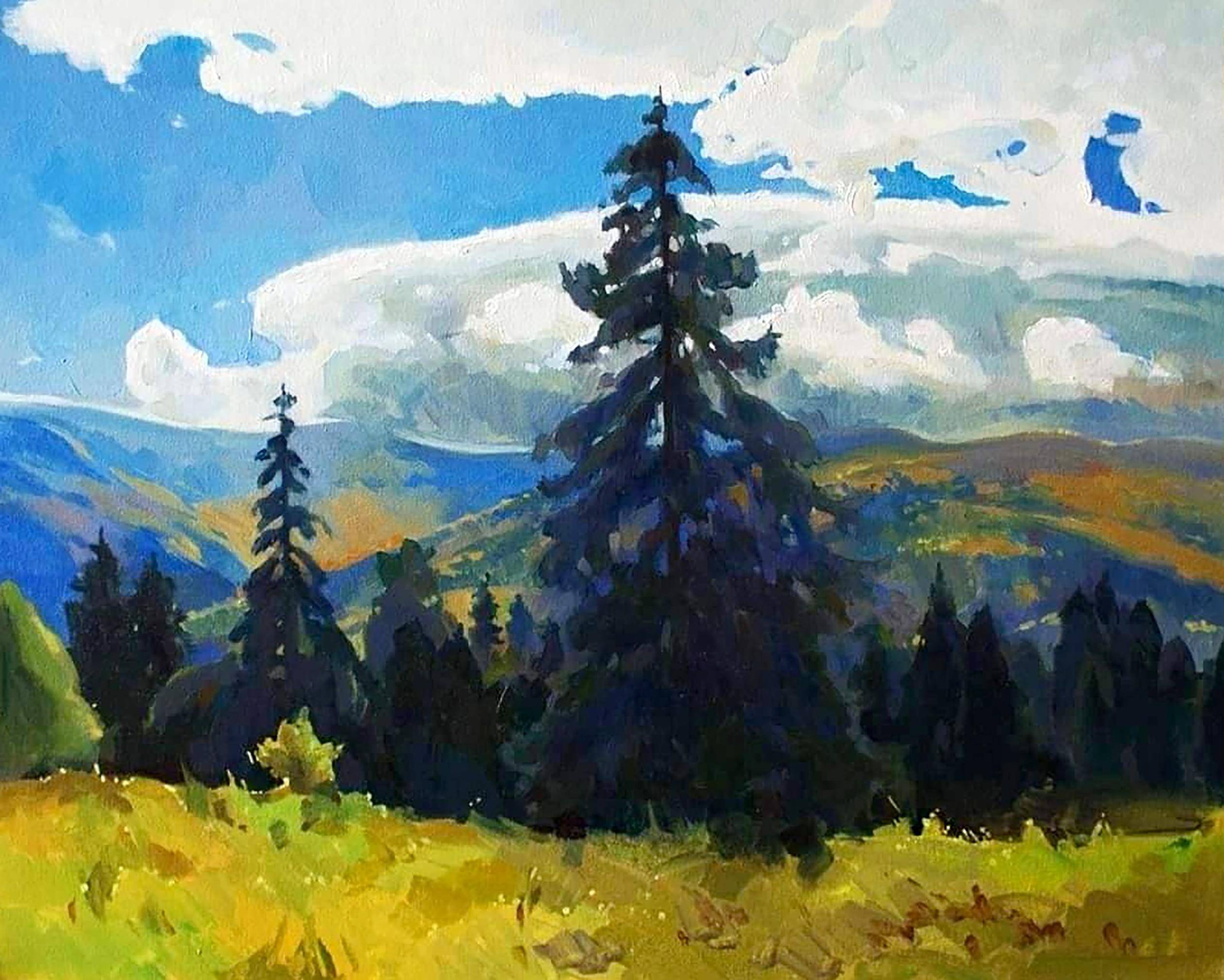 Oil painting September in the Mountains. Ukrainian Vintage