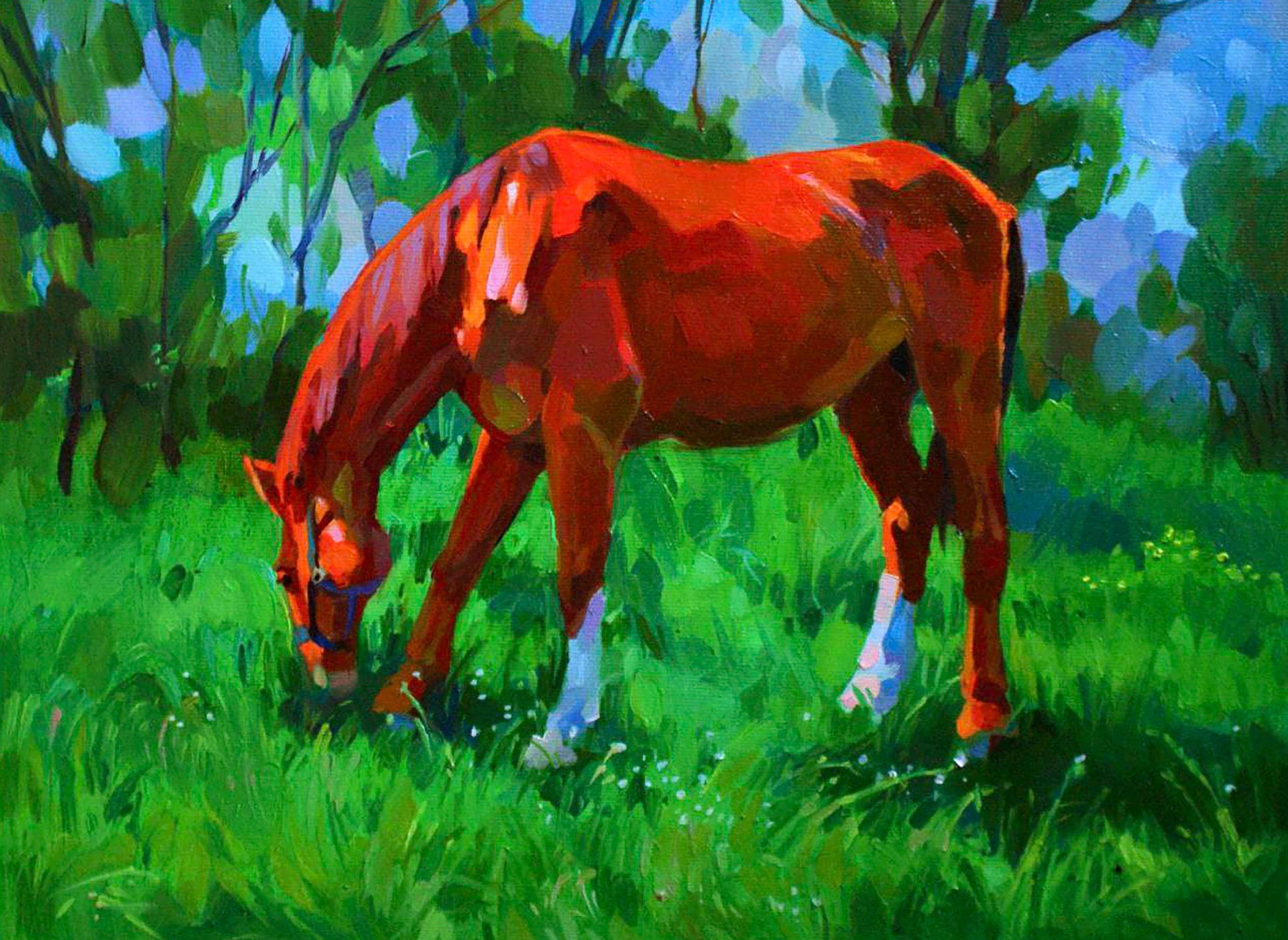 Oil painting Out to Pasture. Ukrainian Vintage