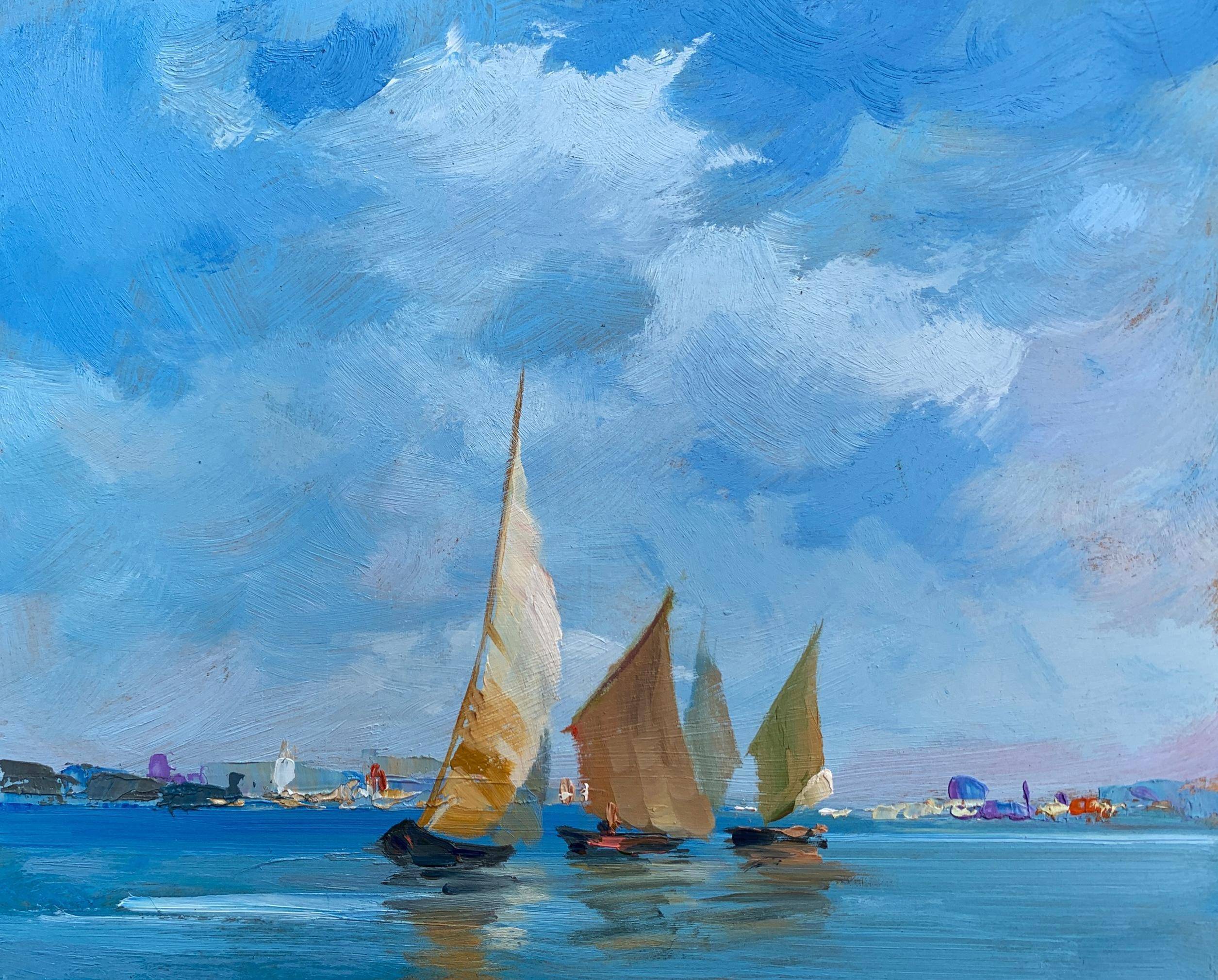 Oil painting Sailboats at Sea. 