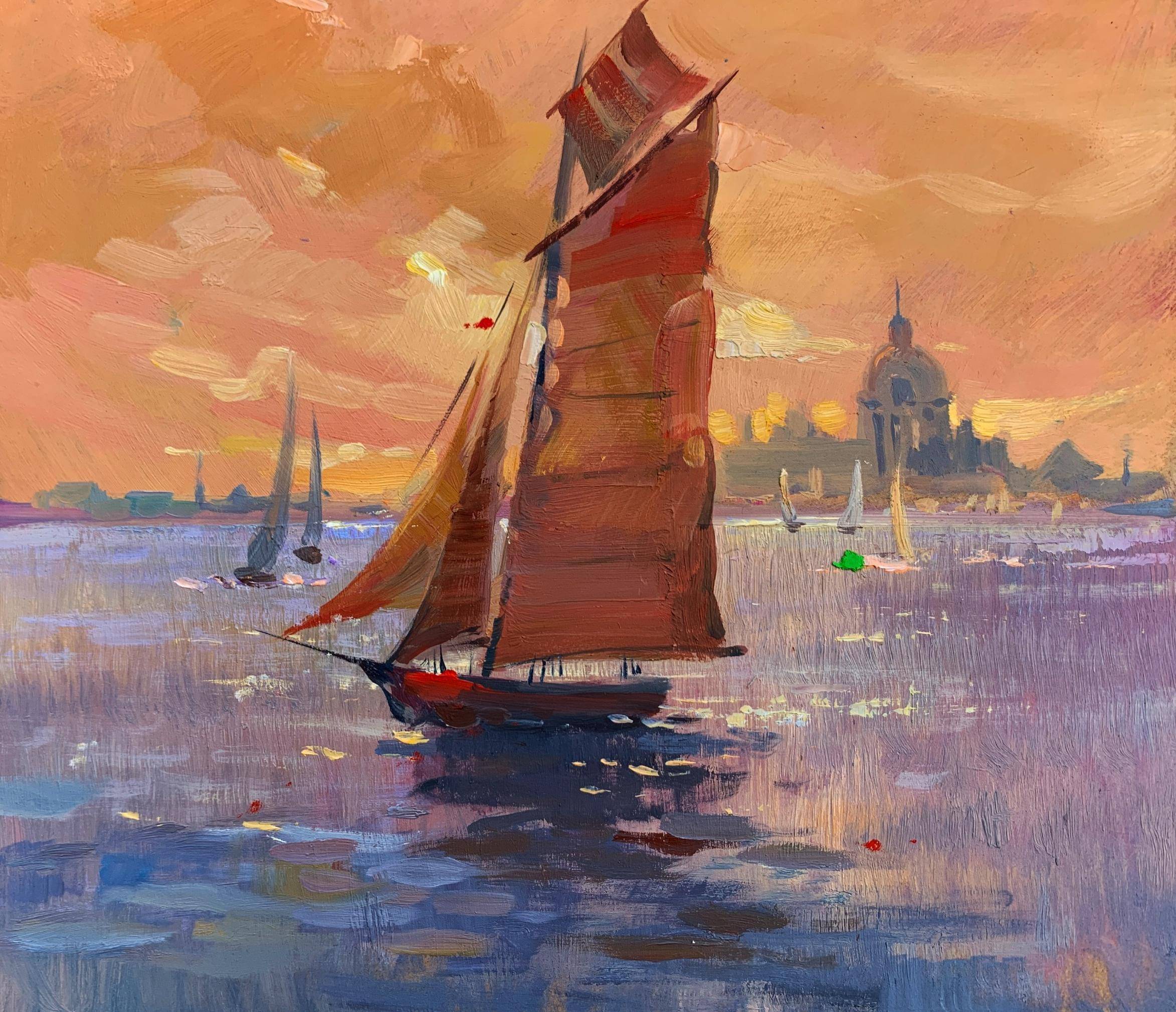 Oil painting Evening Sailing on a Sailboat at Sea. 