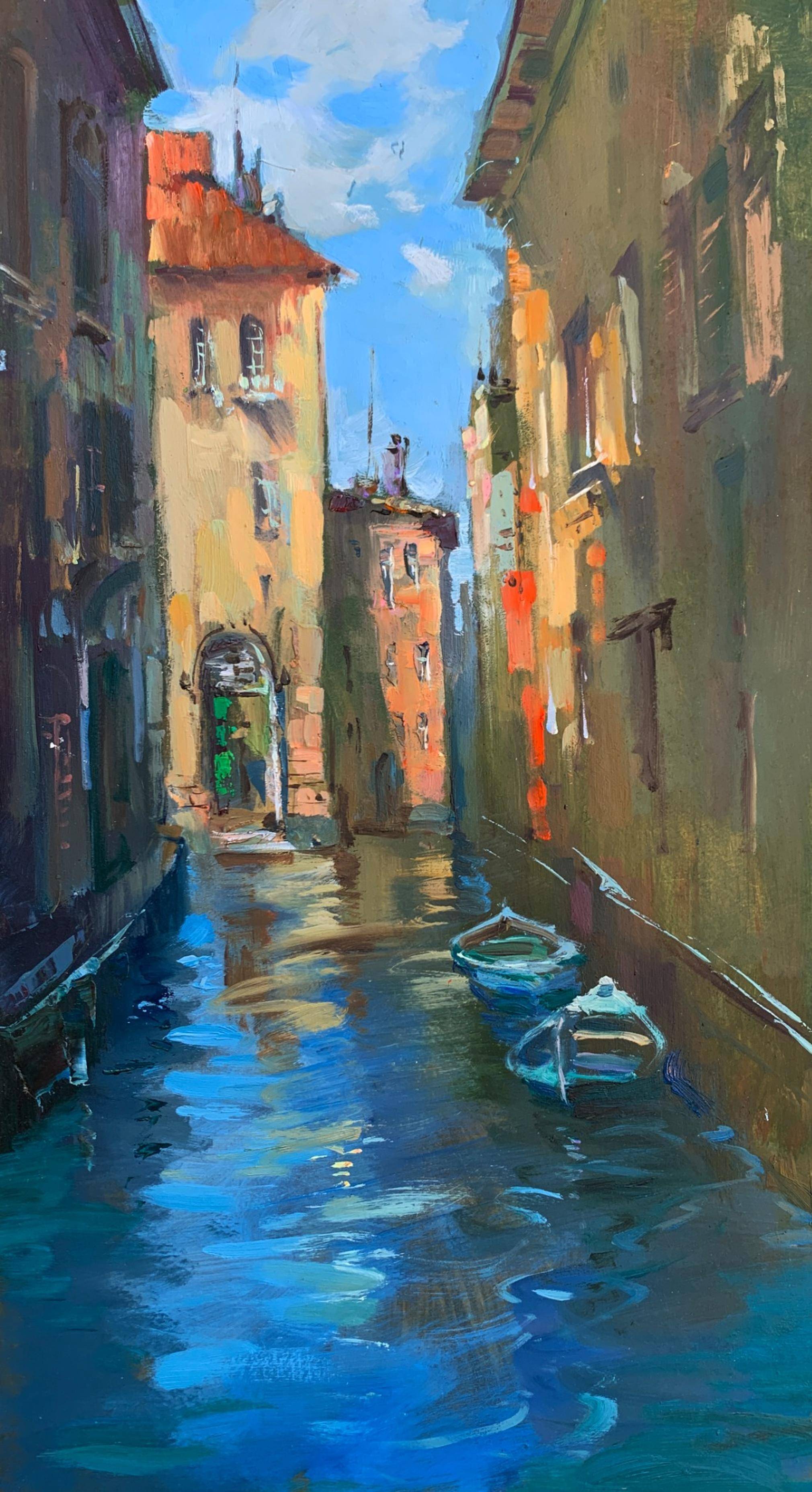 Oil painting On Boats Through the City Streets. 