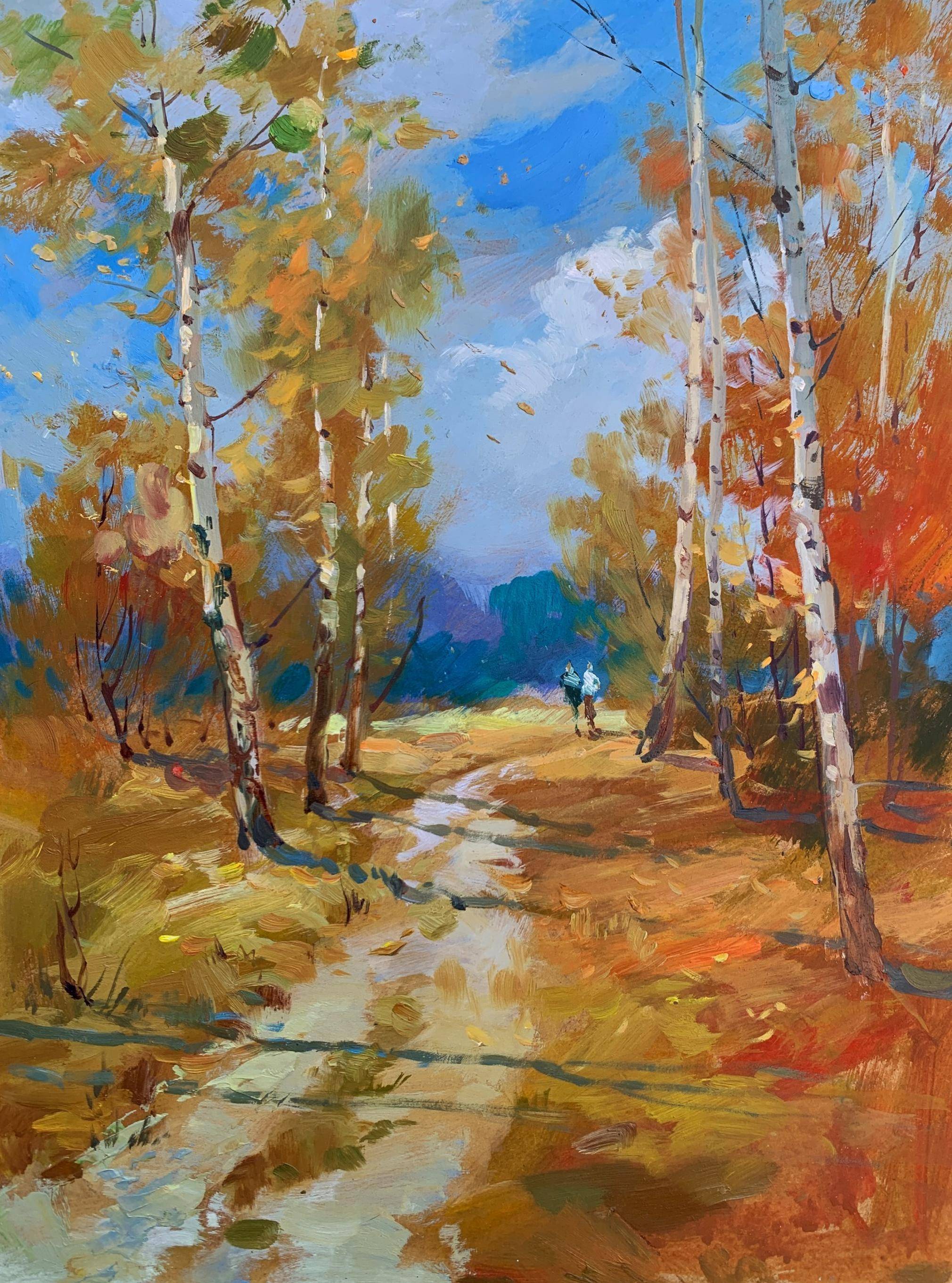Oil painting Jogging through the Autumn Forest. Ukrainian Vintage