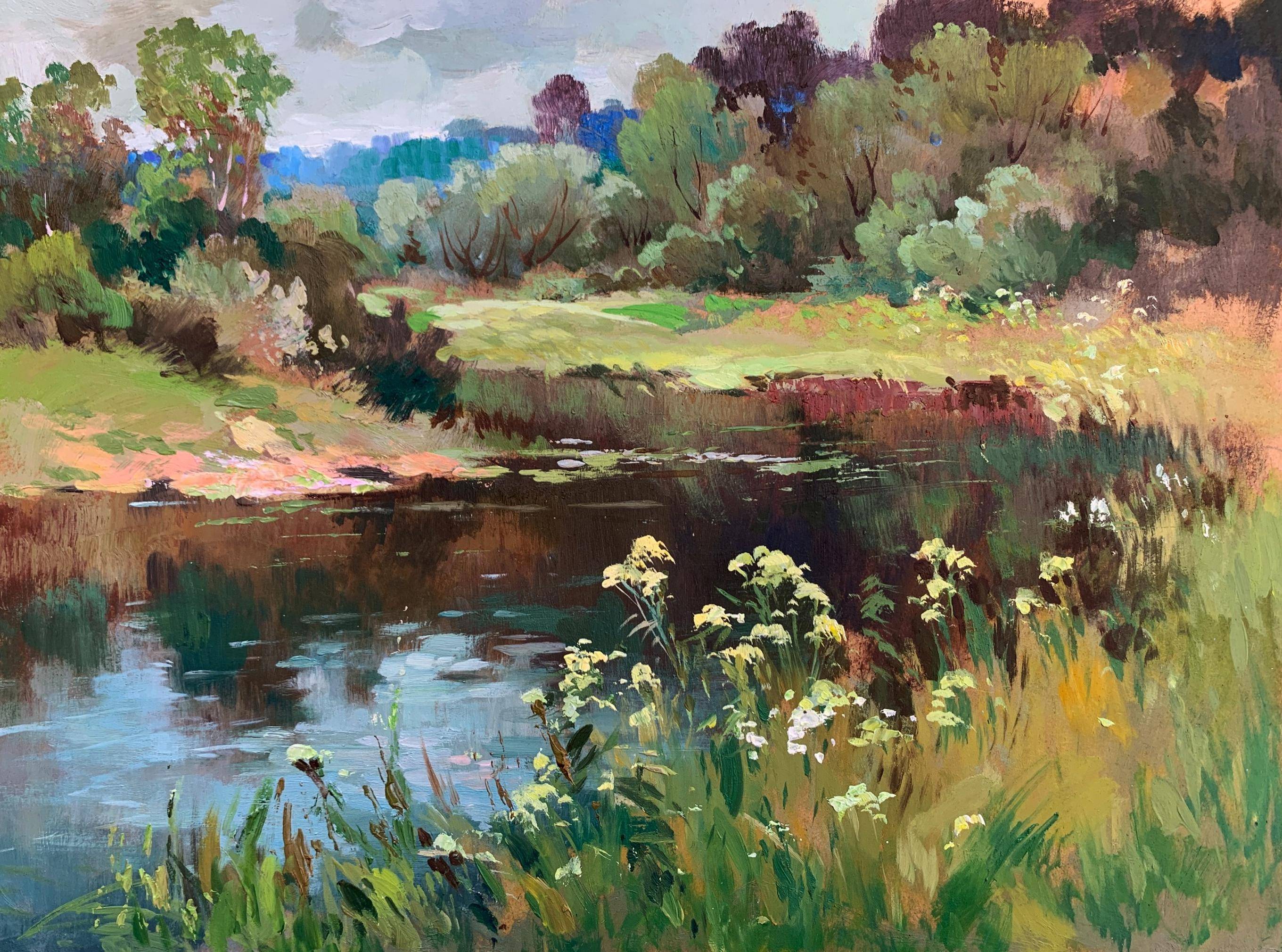 Oil painting River along the Forest. Ukrainian Vintage