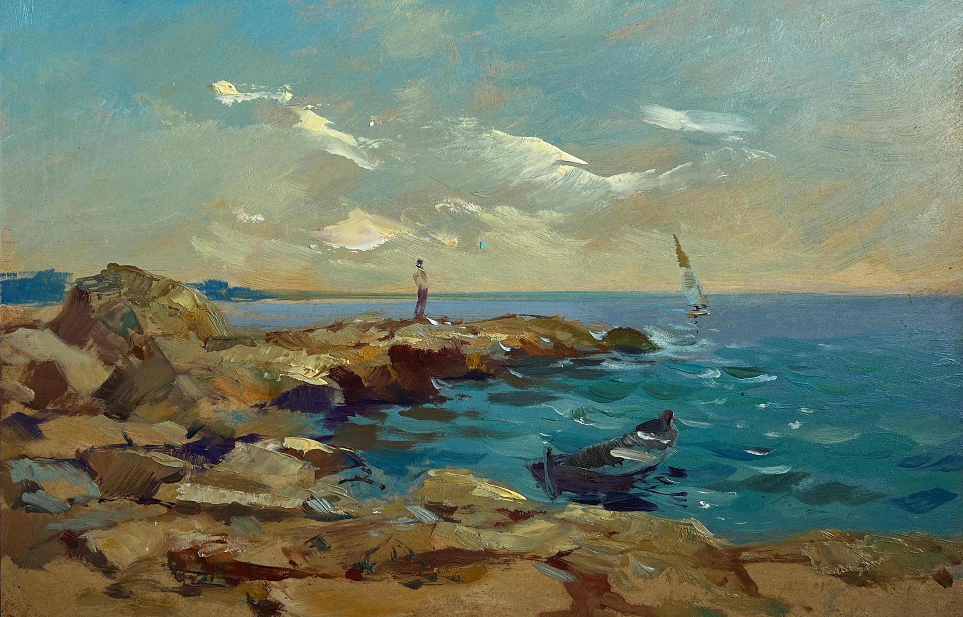 Oil painting Admire the Sunset at Sea. 