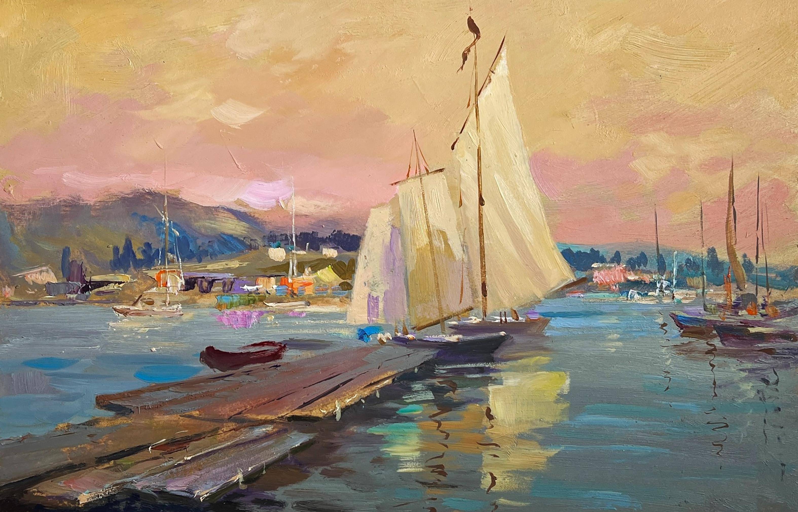 Oil painting Scarlet Sunset on the Ferry. 