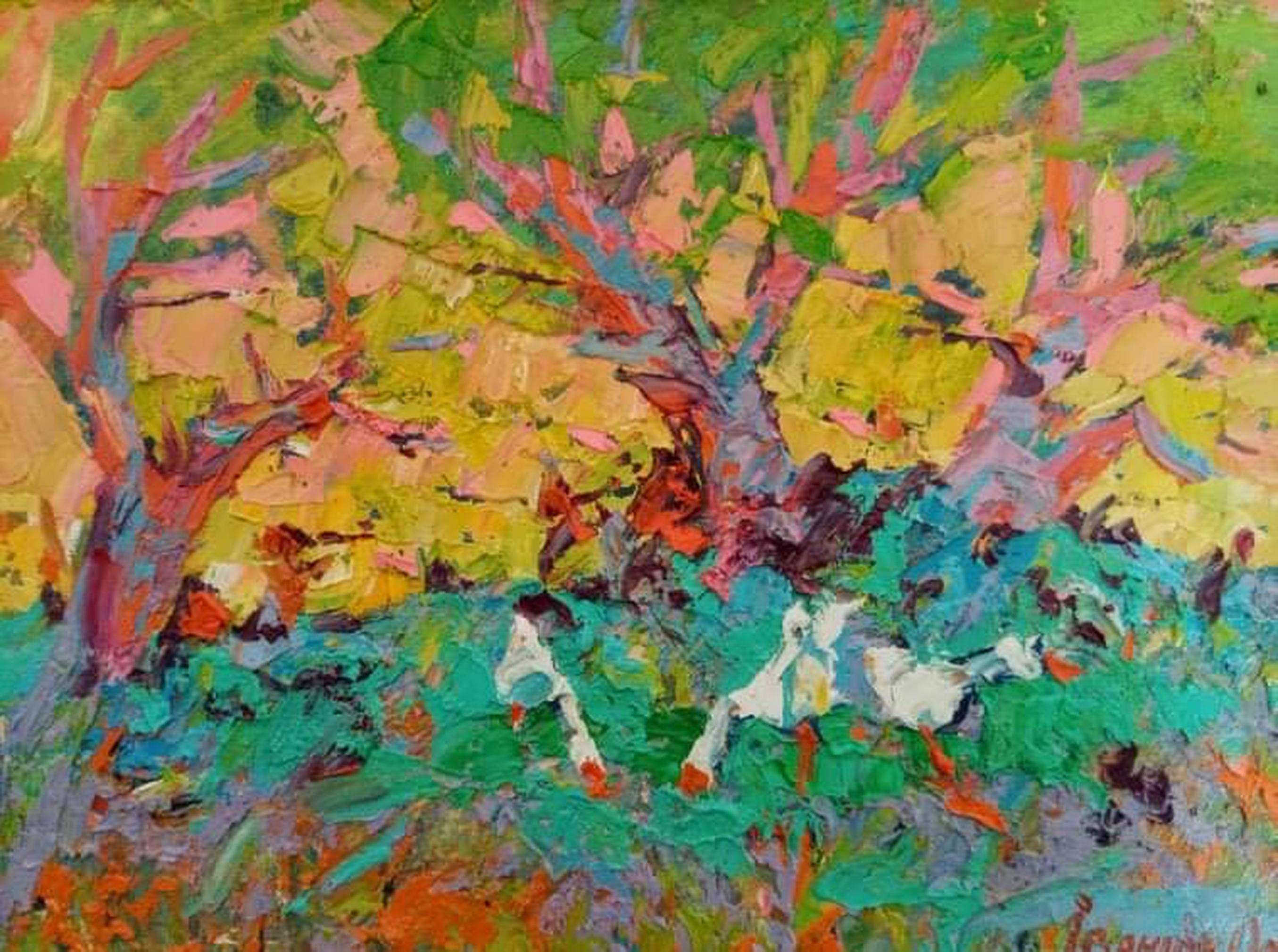 Oil painting In the Shade of the Garden. Ukrainian Vintage