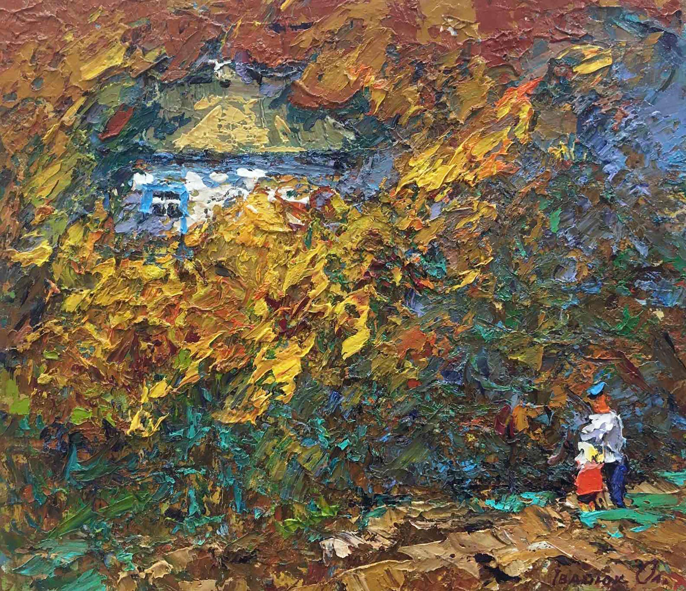 Oil painting Evening Landscape. Ukrainian Vintage