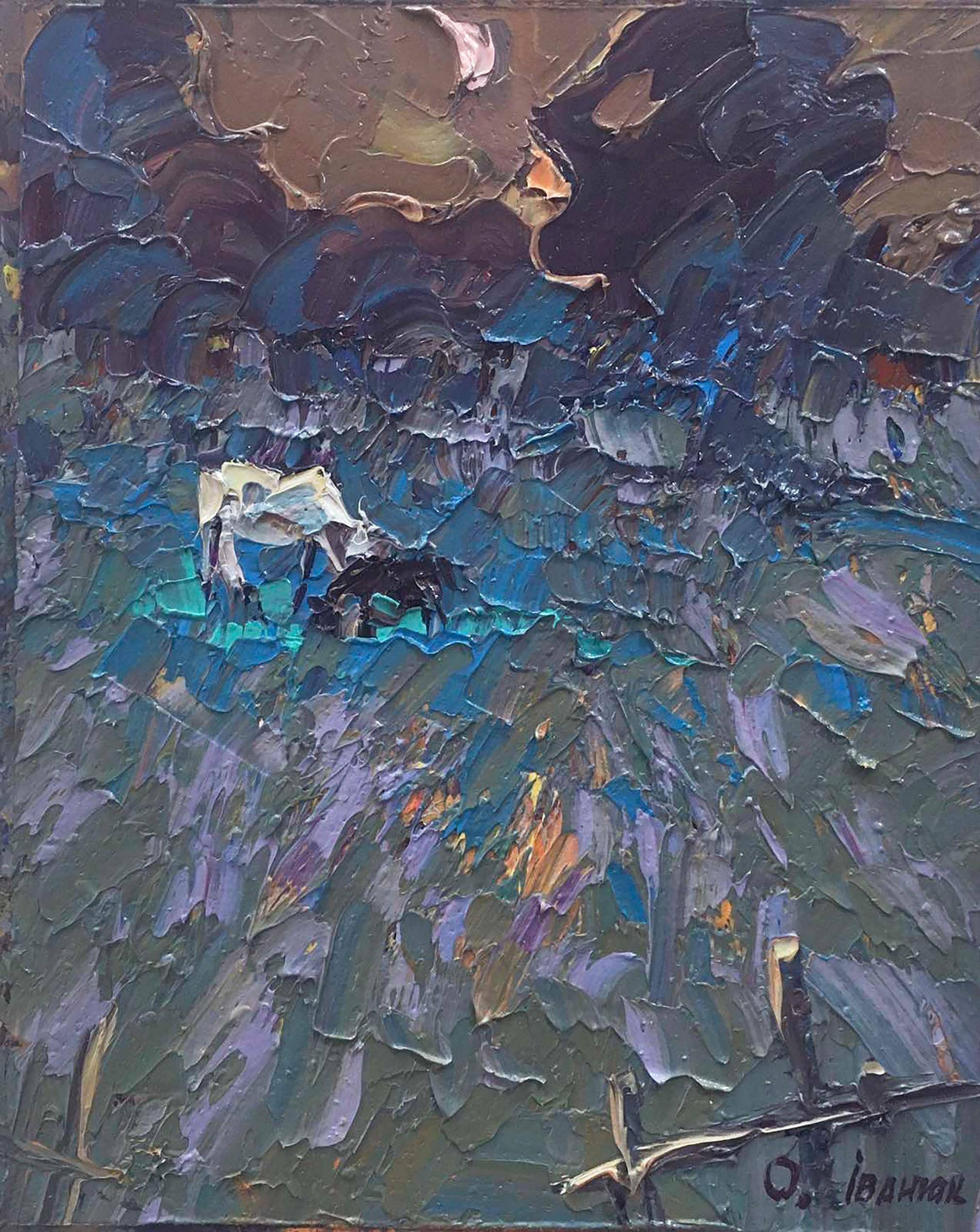 Oil painting Moonlit Night. Ukrainian Vintage