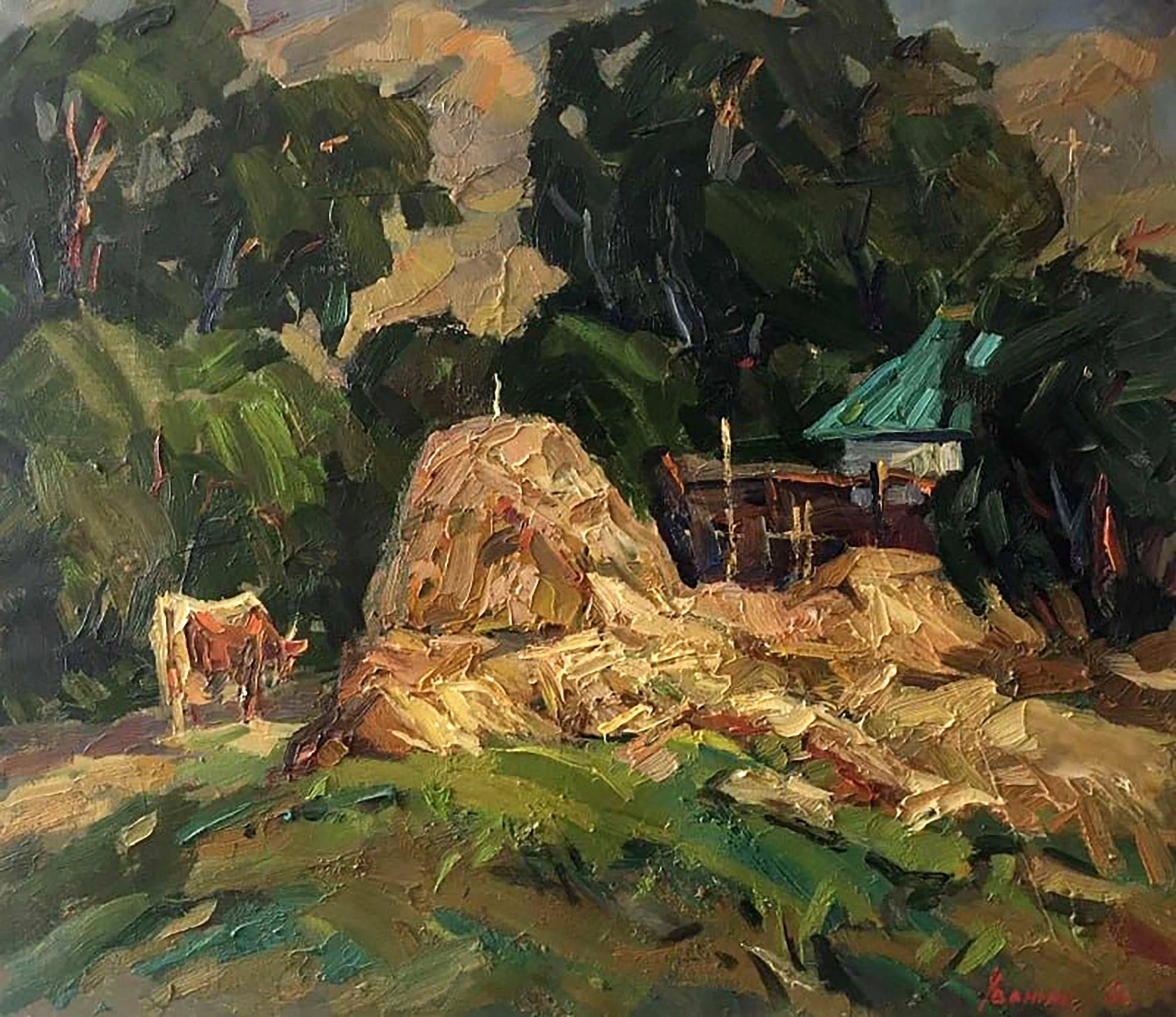Oil painting The Sun Goes Down. Ukrainian Vintage