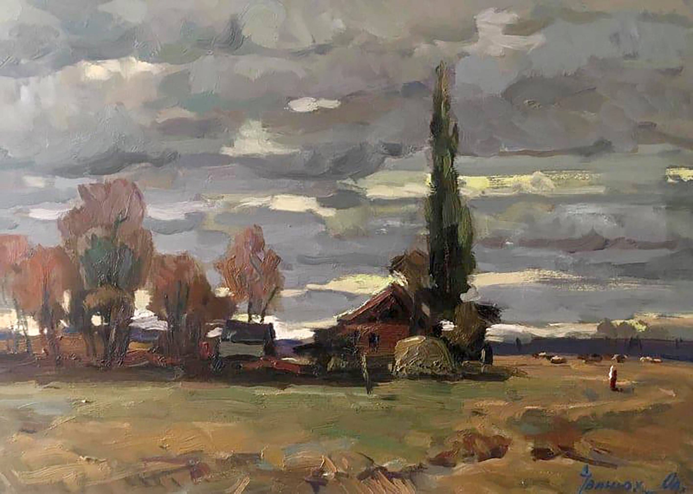 Oil painting Evening Cold. Ukrainian Vintage