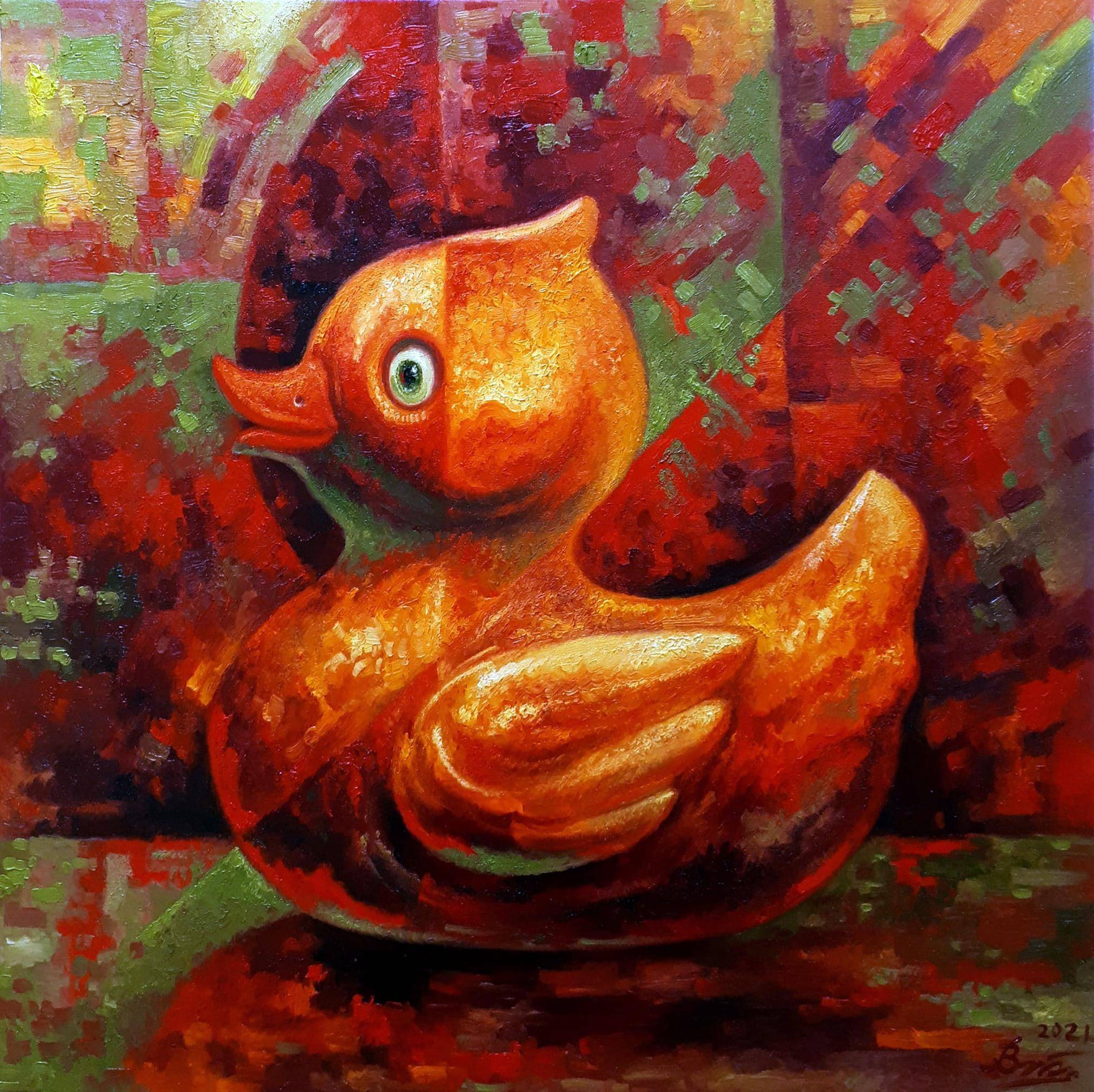 Oil painting Duckling. Ukrainian Vintage