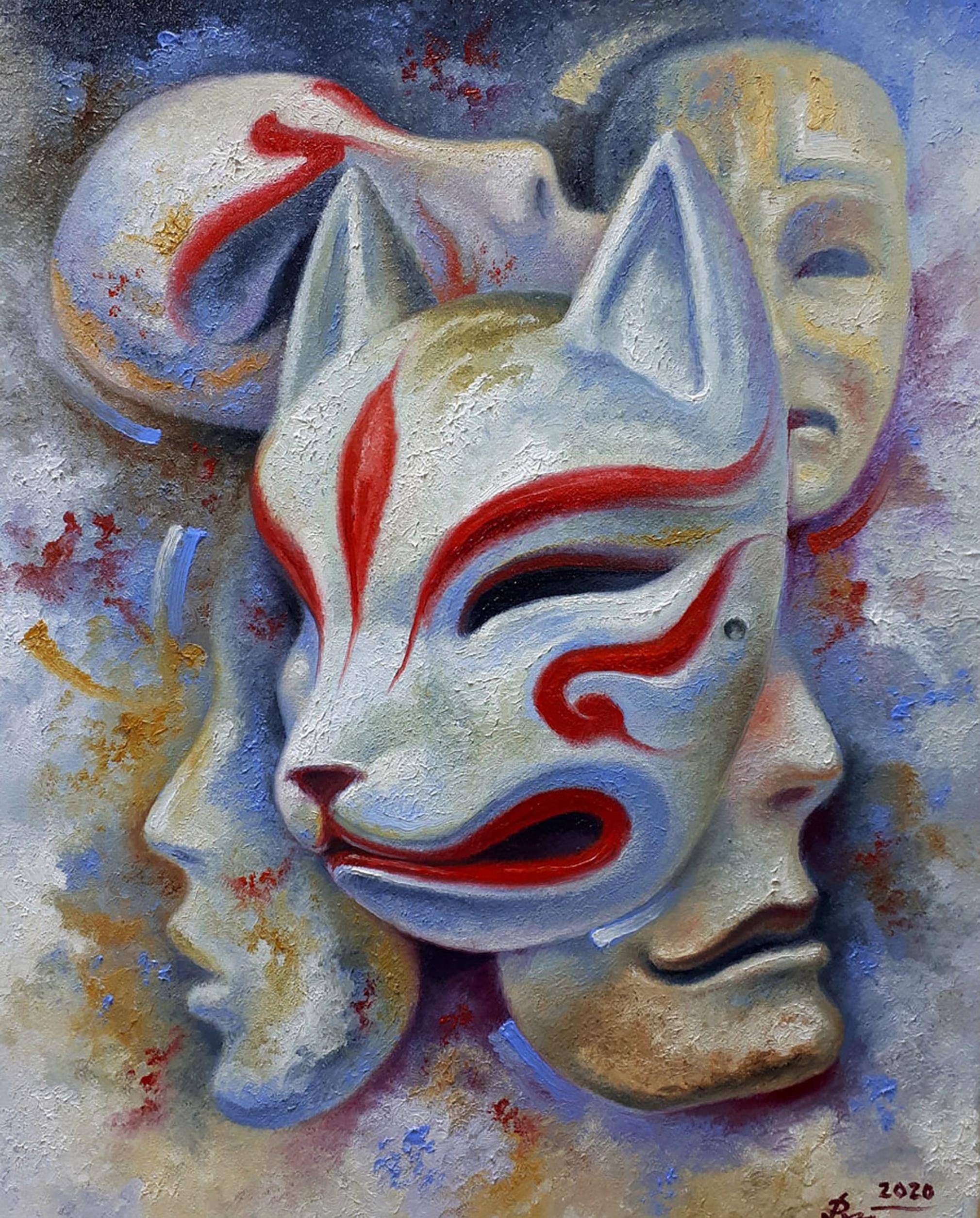Oil painting Kitsune Japanese Fox. Ukrainian Vintage