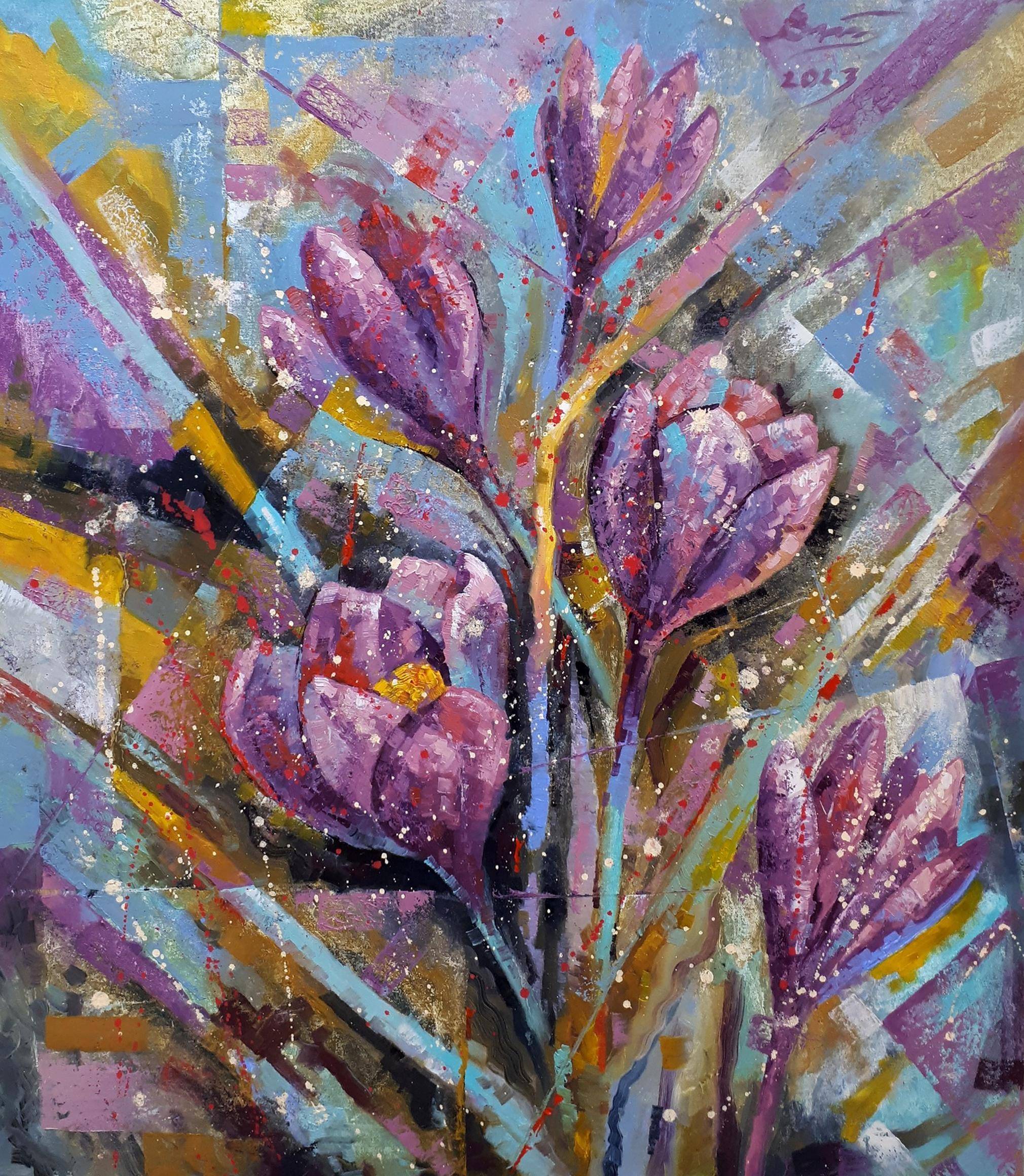 Oil painting Crocuses in March. Ukrainian Vintage