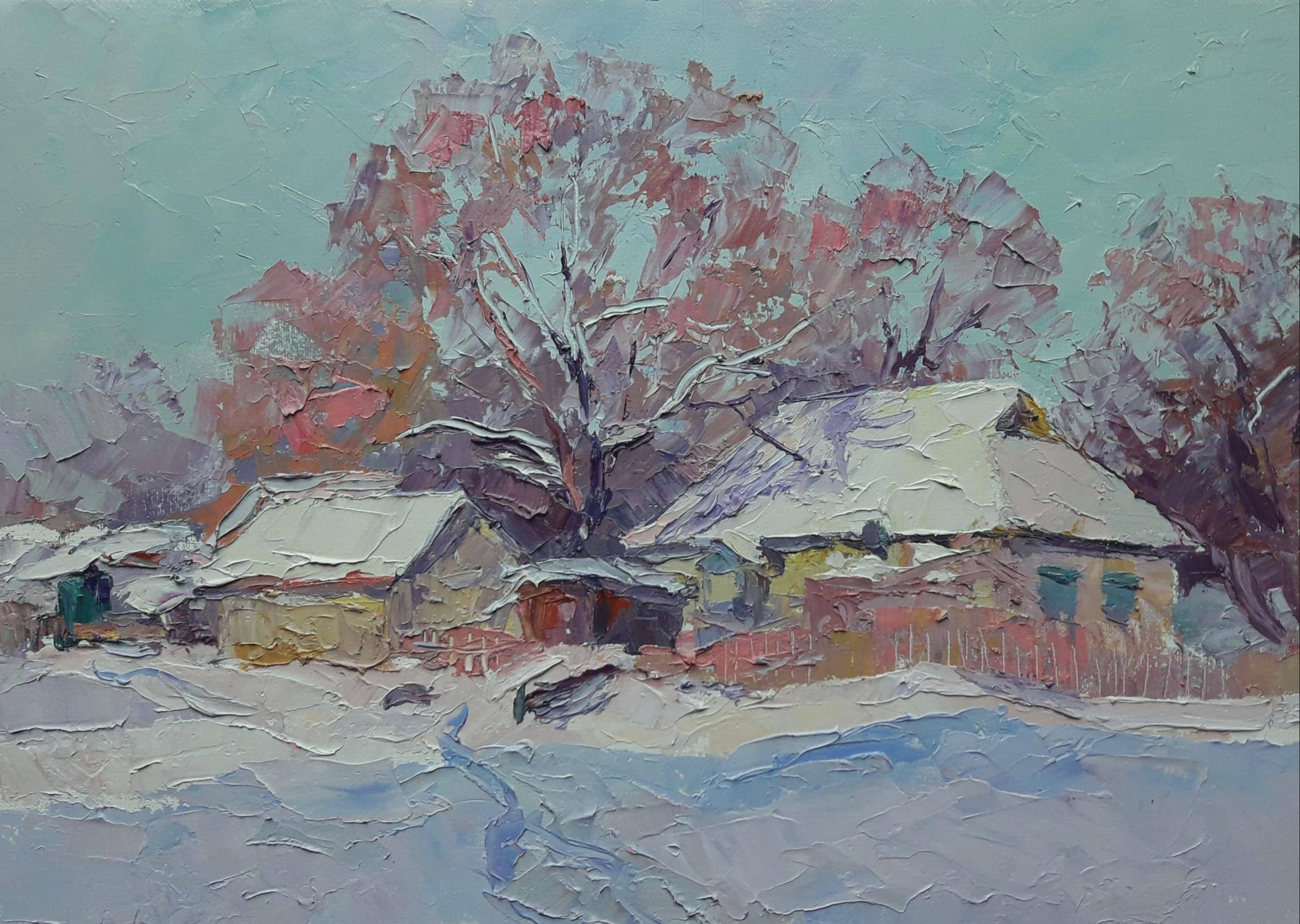 Oil painting Pink Evening. Ukrainian Vintage