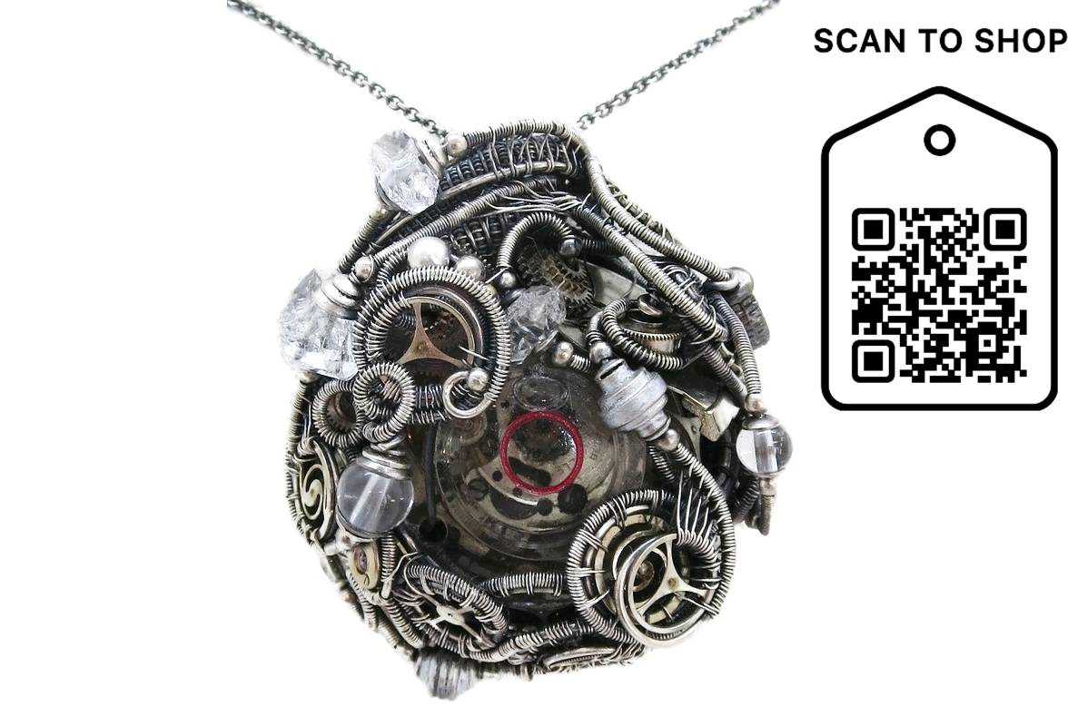 Spirit Level Steampunk Pendant with Herkimer Diamonds, Wire-Wrapped in Sterling. Heather Jordan Jewelry