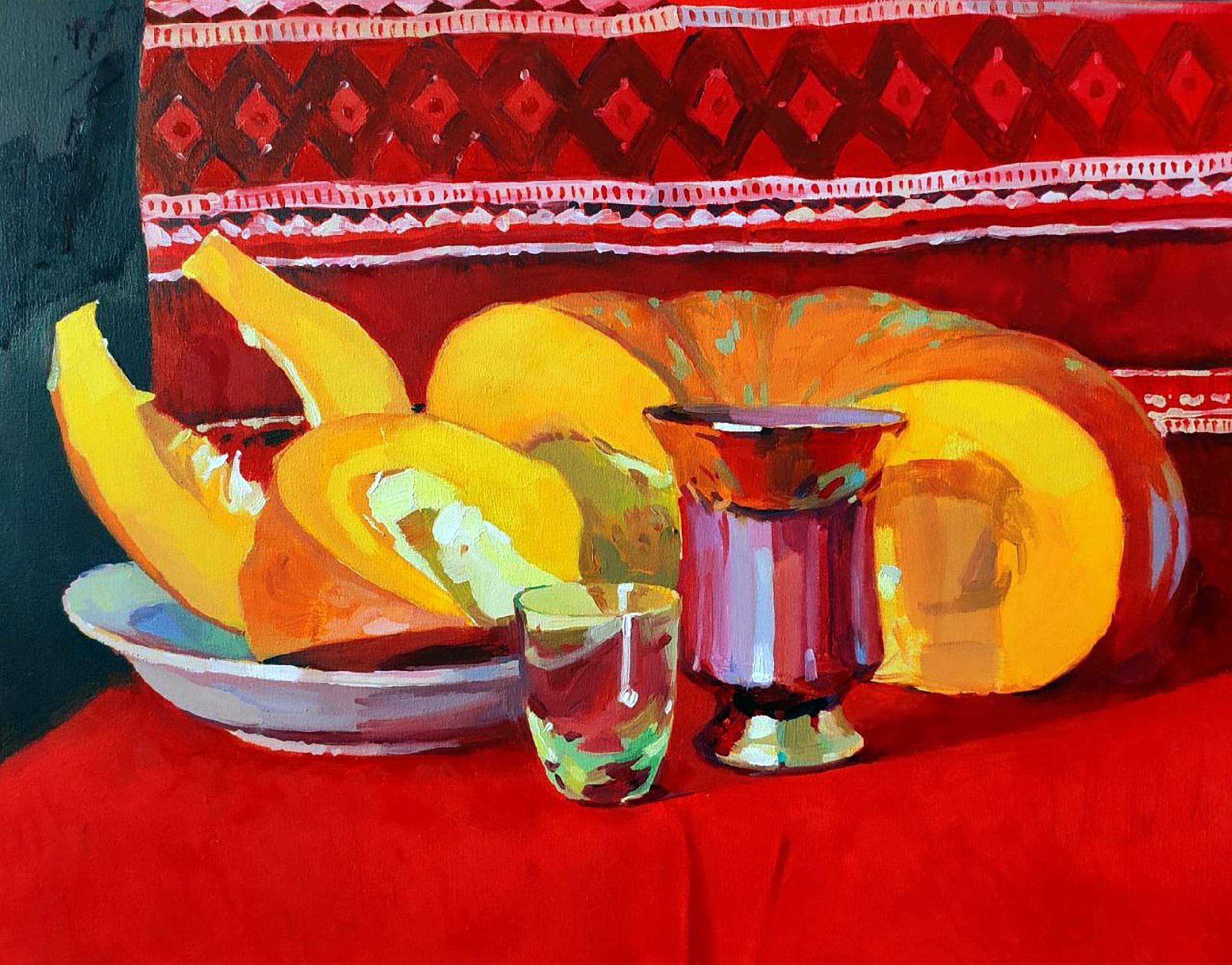 Oil painting Still Life with Pumpkin and Drink. Ukrainian Vintage