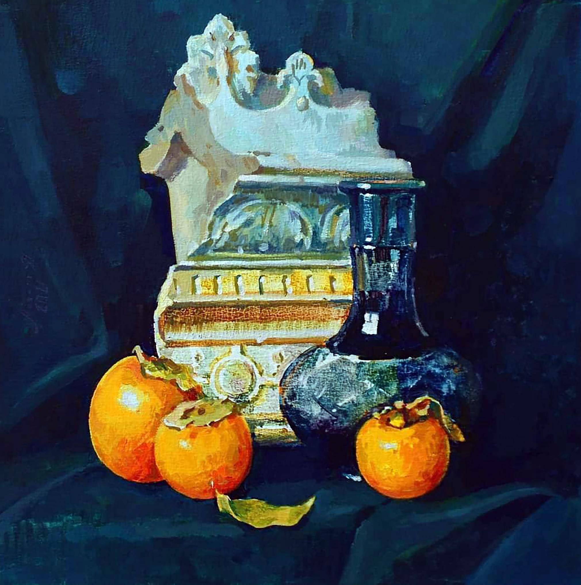 Oil painting Still Life with Persimmon. Ukrainian Vintage