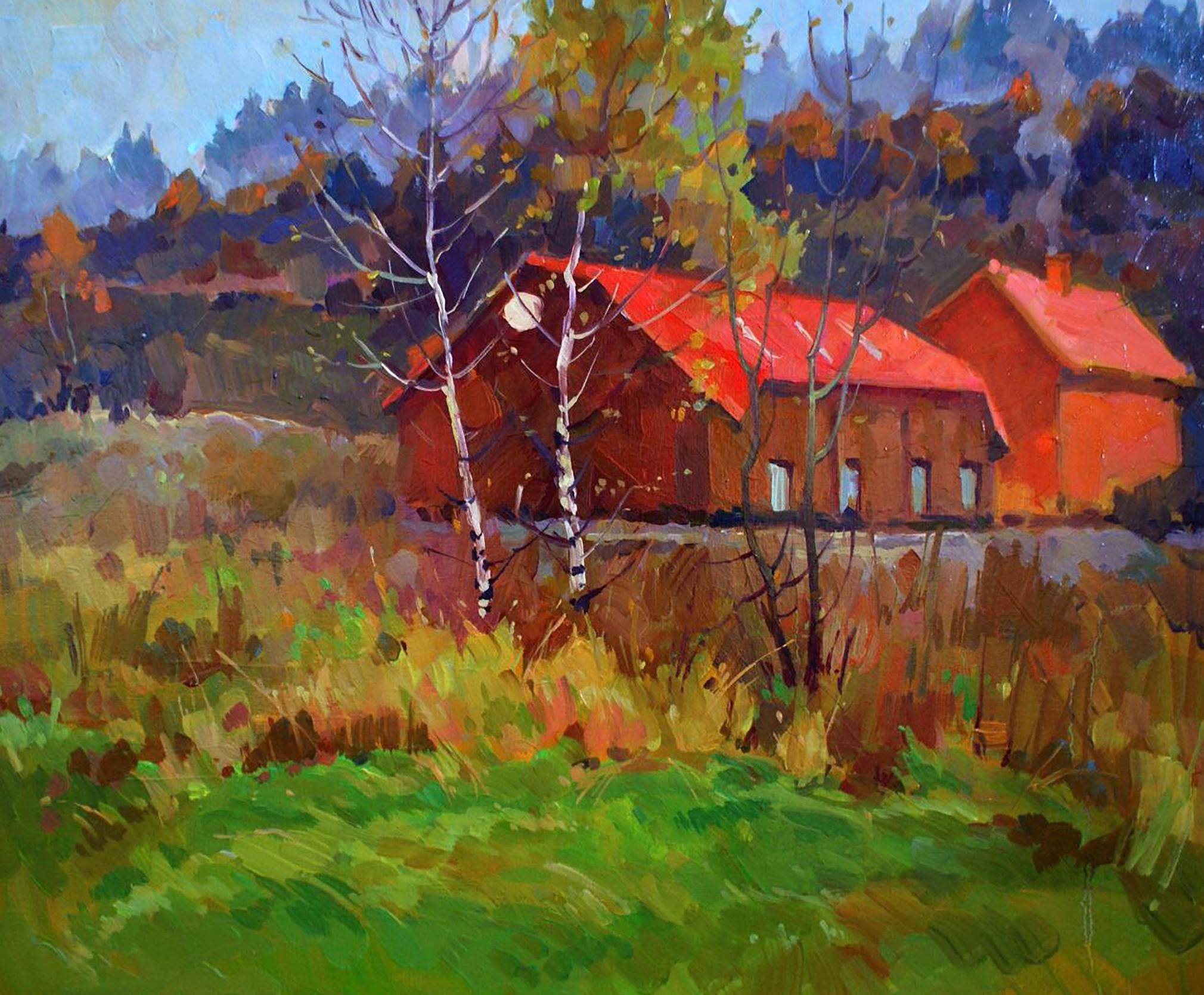 Oil painting Autumn in the Mountains. Ukrainian Vintage