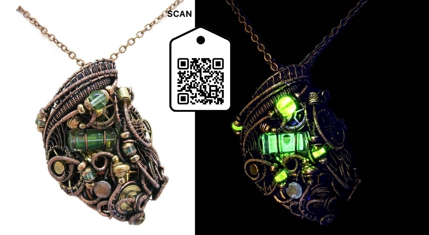Yellow Tube Spirit Level Steampunk Pendant with UV-Reactive Glass, Wire-Wrap. 