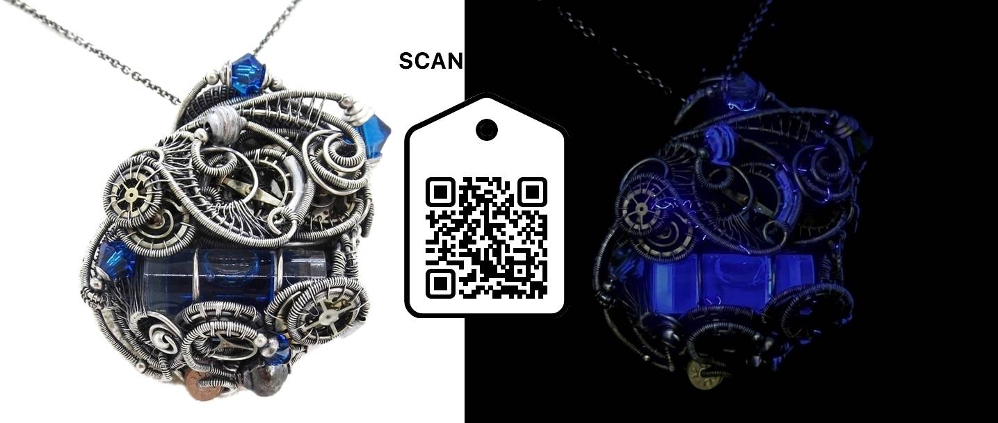 Blue Spirit Level Steampunk Pendant with Swarovski Crystal, Wire-Wrapped in ss. 