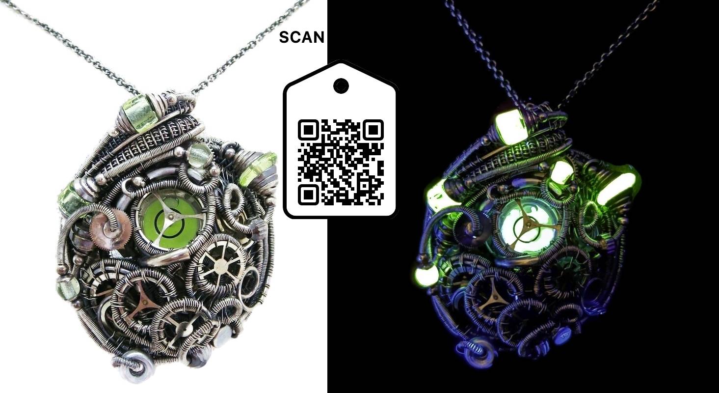Yellow Disc Spirit Level Steampunk Pendant with UV-Reactive Glass, Wire-Wrapped. 