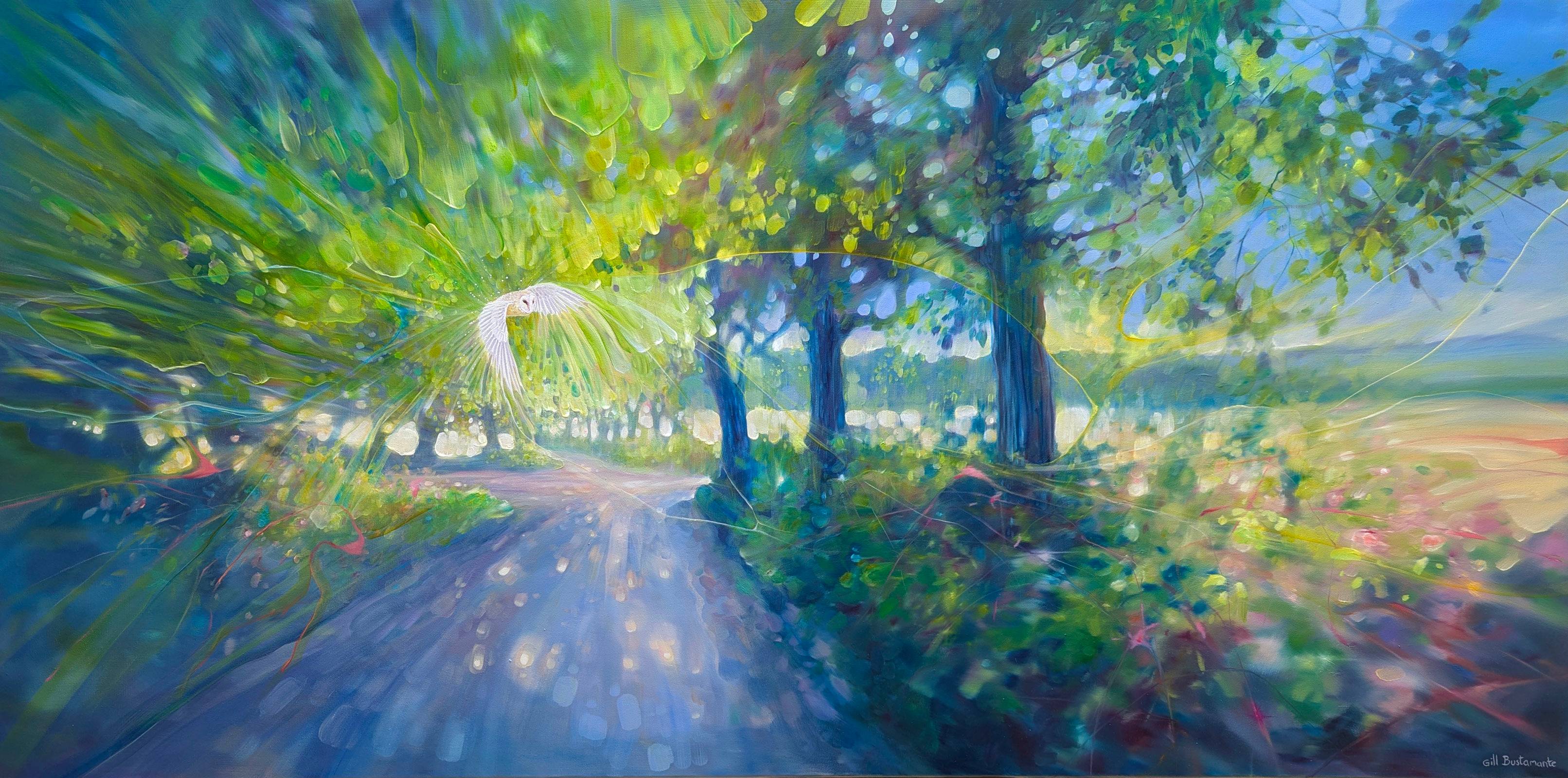 Possibilities Unfold, semi-abstract landscape with owl and trees at a crossroad. Gill Bustamante - Artist