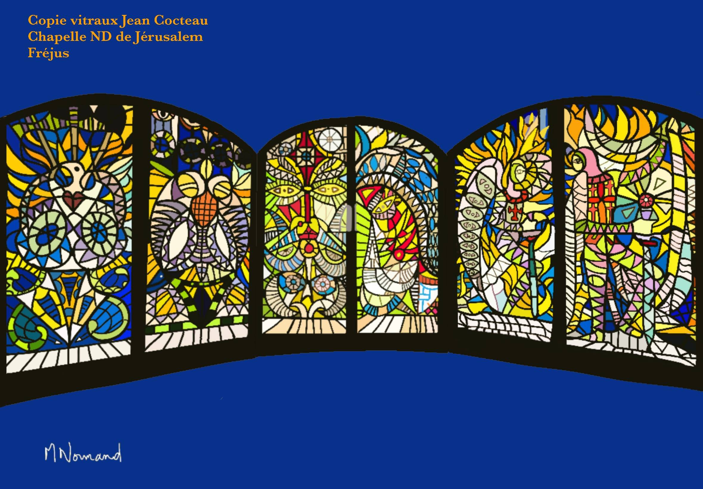 2025-09-24 Chapelle Cocteau Fréjus nd de Jérusalem Copie Vitraux de Jean Cocteau. 