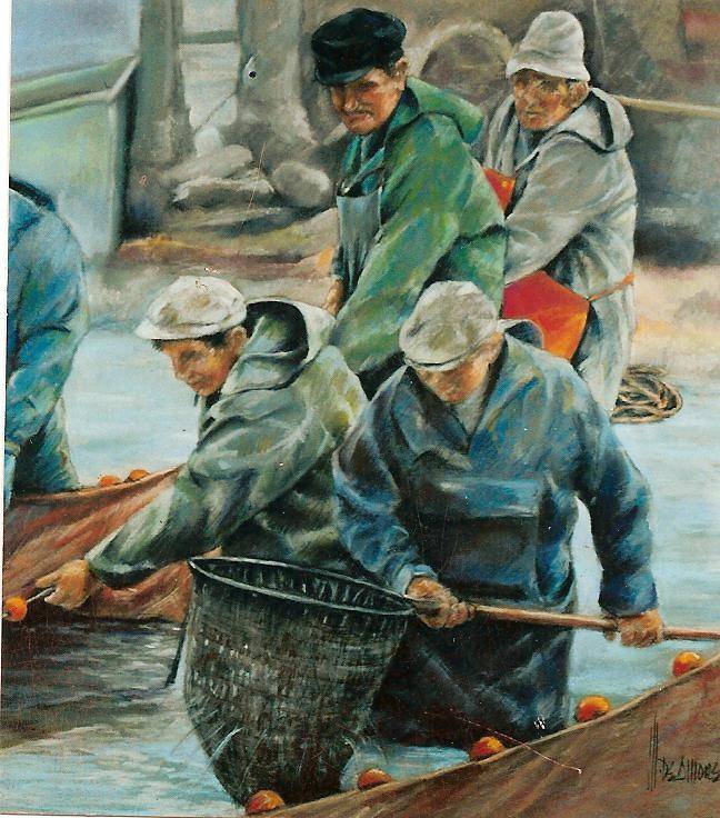 Fishermen fishing with nets. 