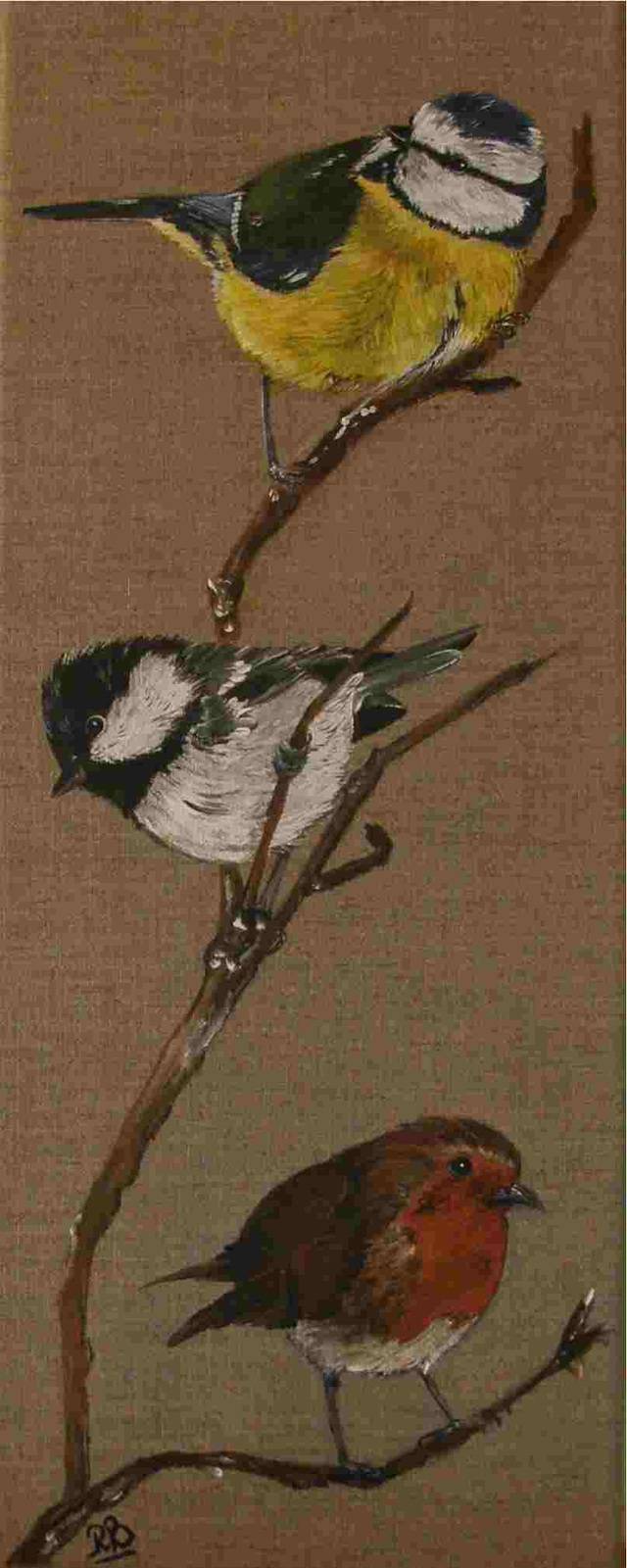 3 Small garden birds on a branch. 