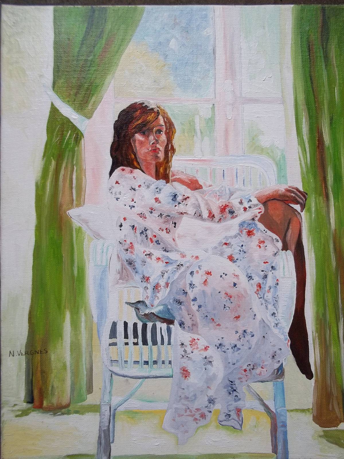 Waiting, a young woman seated.. 