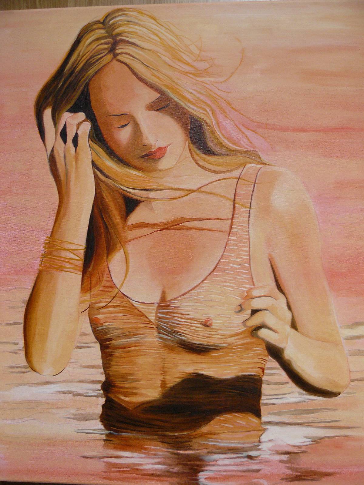 Baigneuse:femme miroir à main caressante. Olivier Delouche