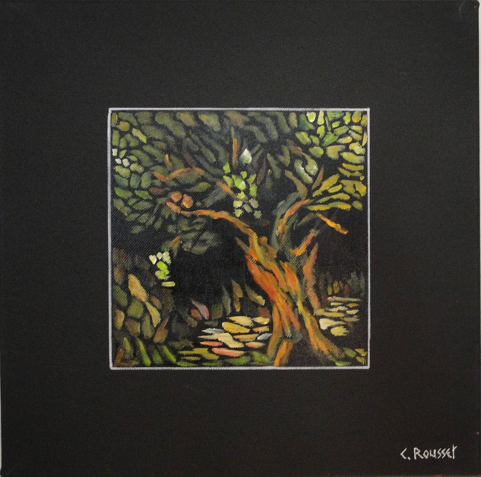 Carré d'arbre stylisé sur fond noir. 