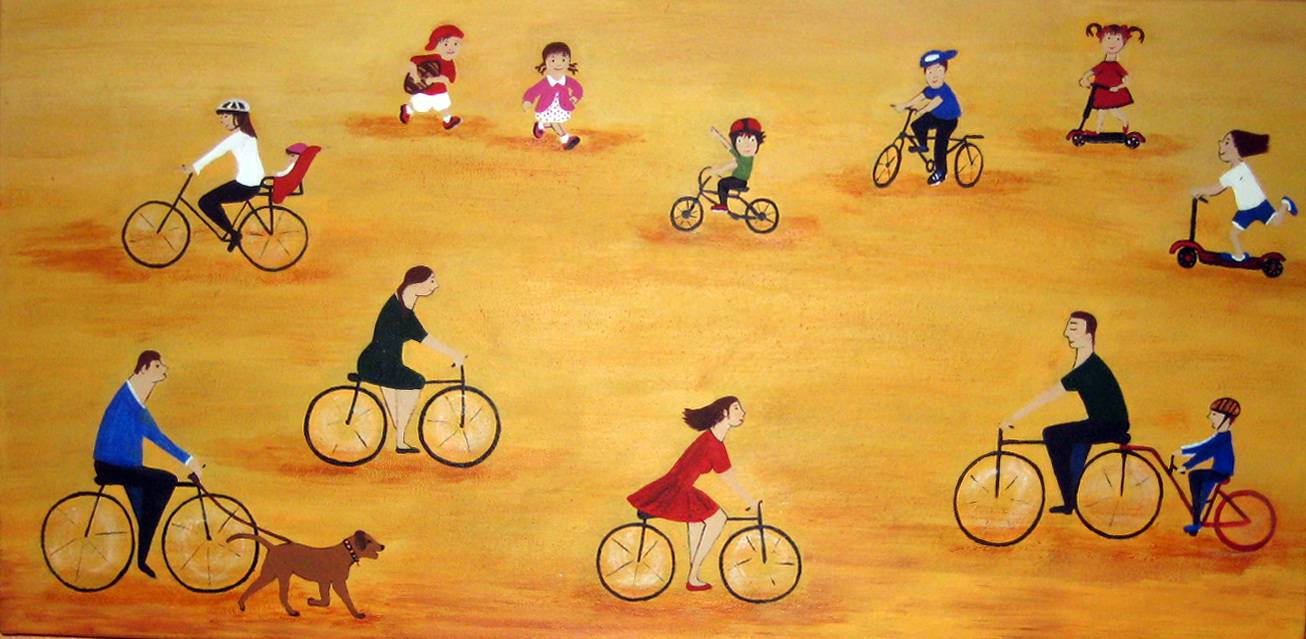 Personas en bicicleta en direcciones opuestas y unos niños jugando.. Lola Manaut Roser Nou