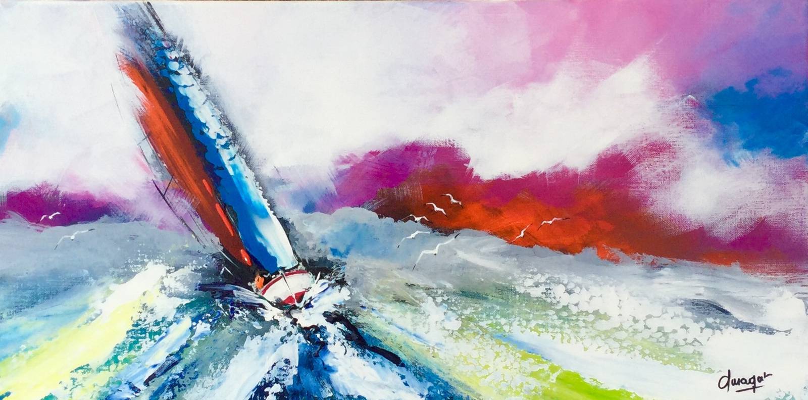 Voilier au large sur une mer agitée mouettes sur fond de ciel rouge. Amagat Philippe Amagat