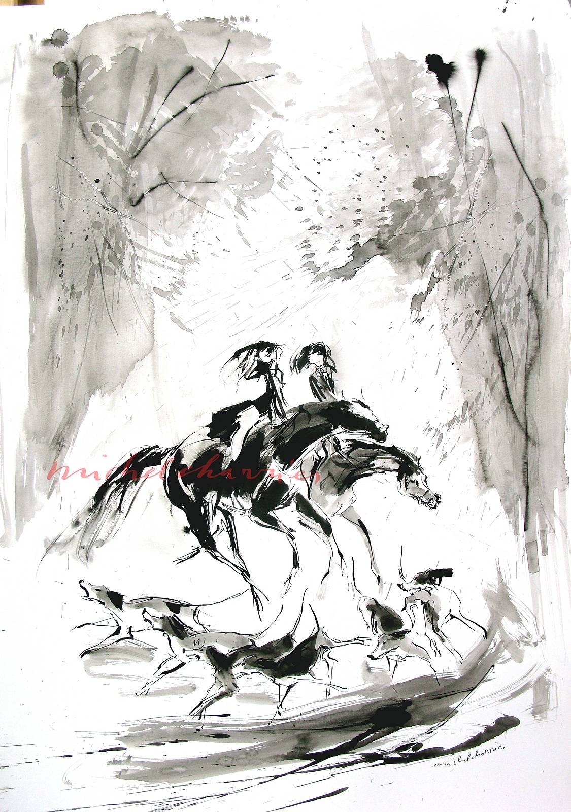 «Taïaut! » Huntresses on horseback, black ink drawing in shades of grey. Michel Charrier Michel Charrier