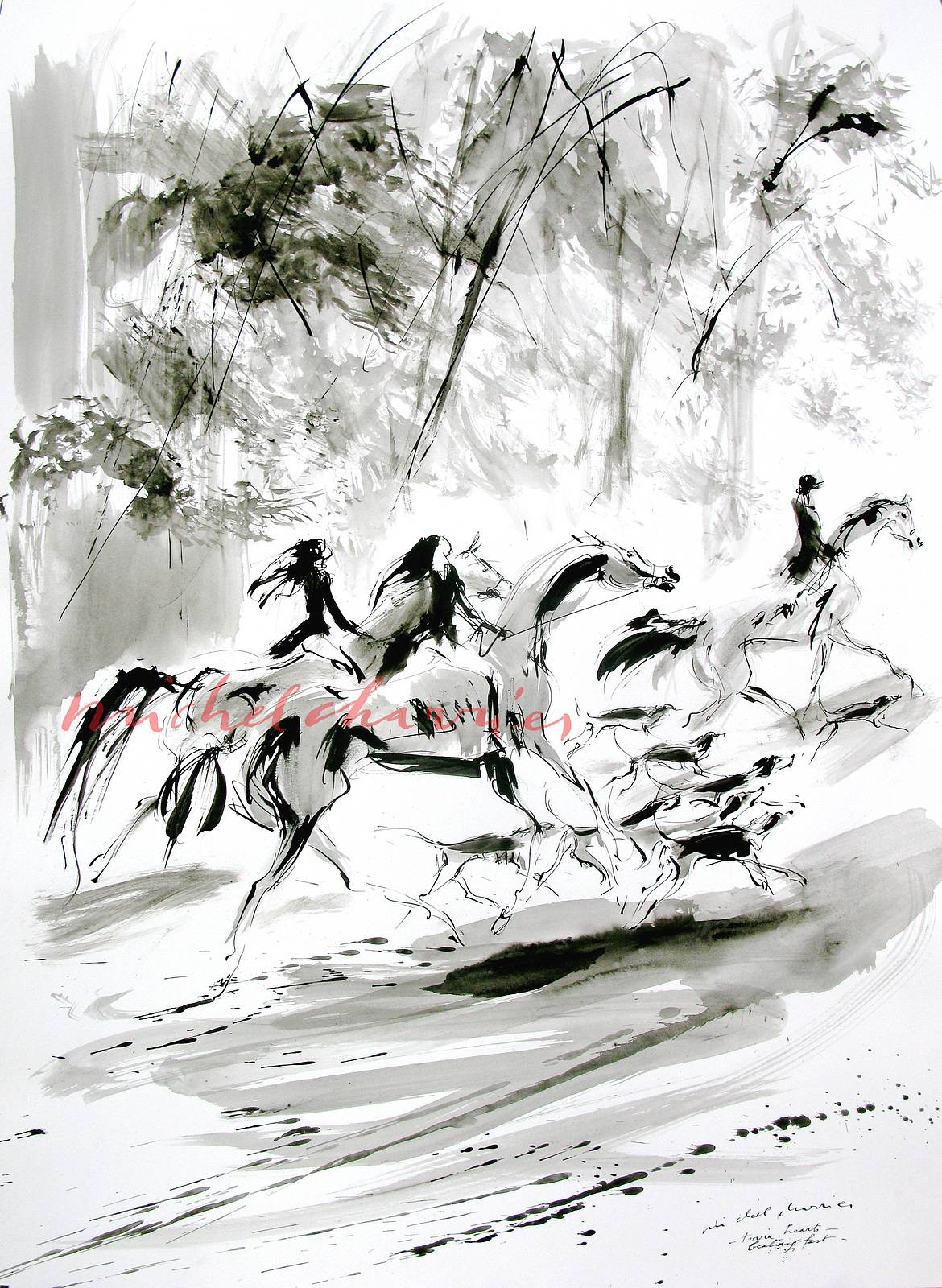 «Twin hearts beating fast» huntresses on horseback black ink drawing. Michel Charrier Michel Charrier