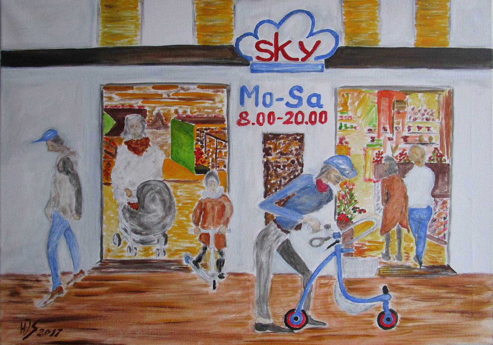 Buntes Leben vor dem Supermarkt. 