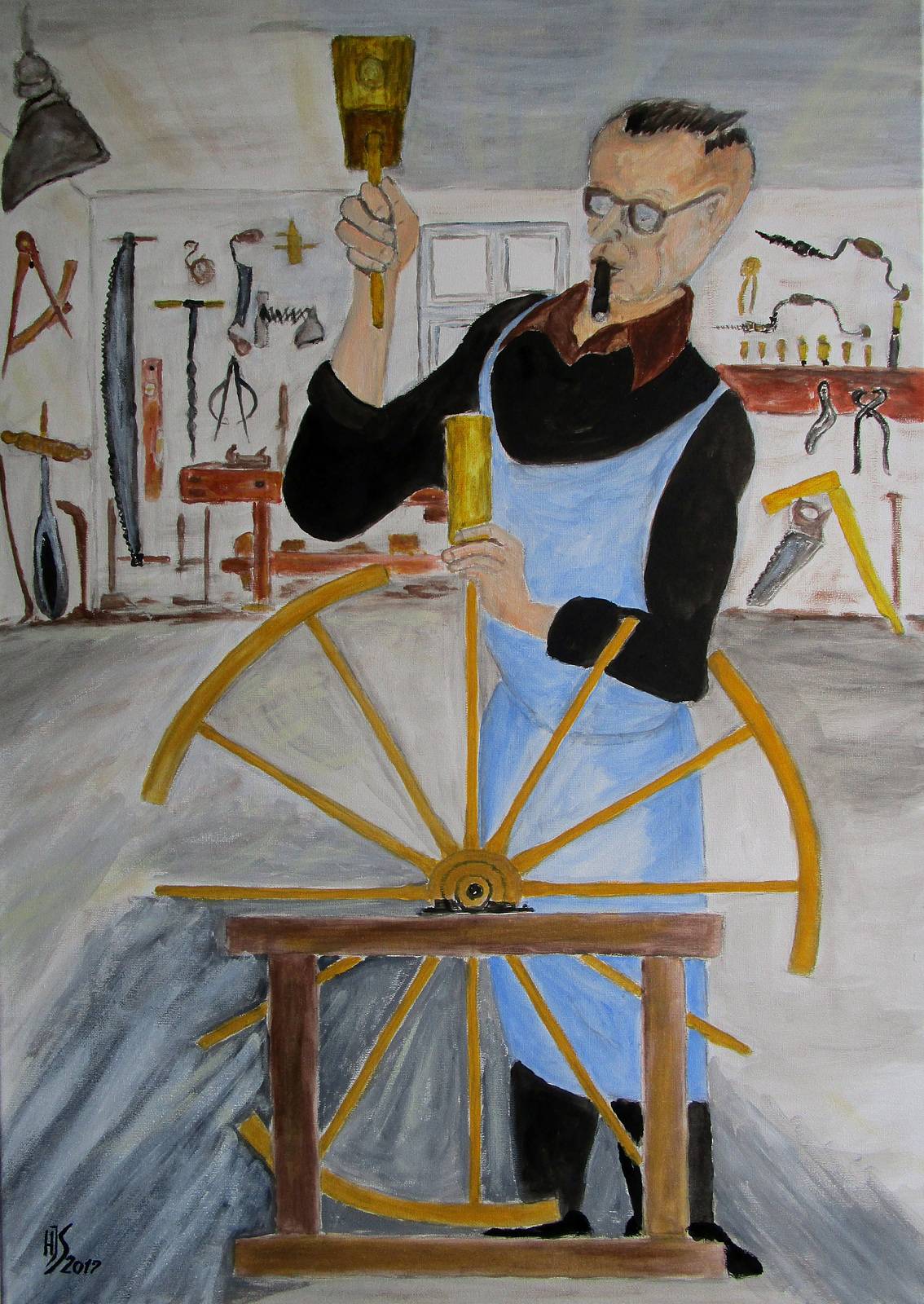 Alter Meister am Rad, der Stellmacher. 