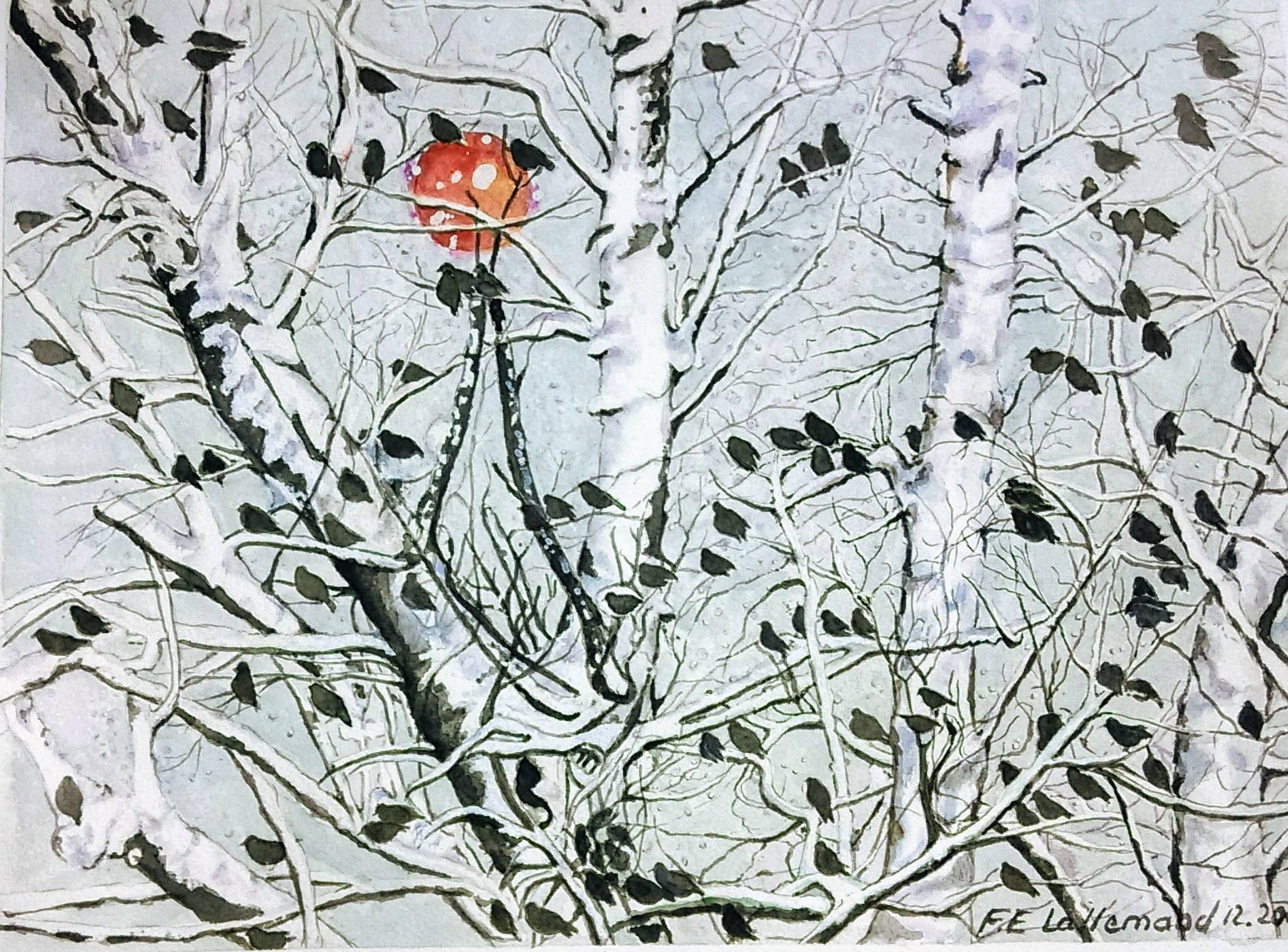 Conférence d'étourneaux un jour de grand froid.. Françoise-Elisabeth Lallemand