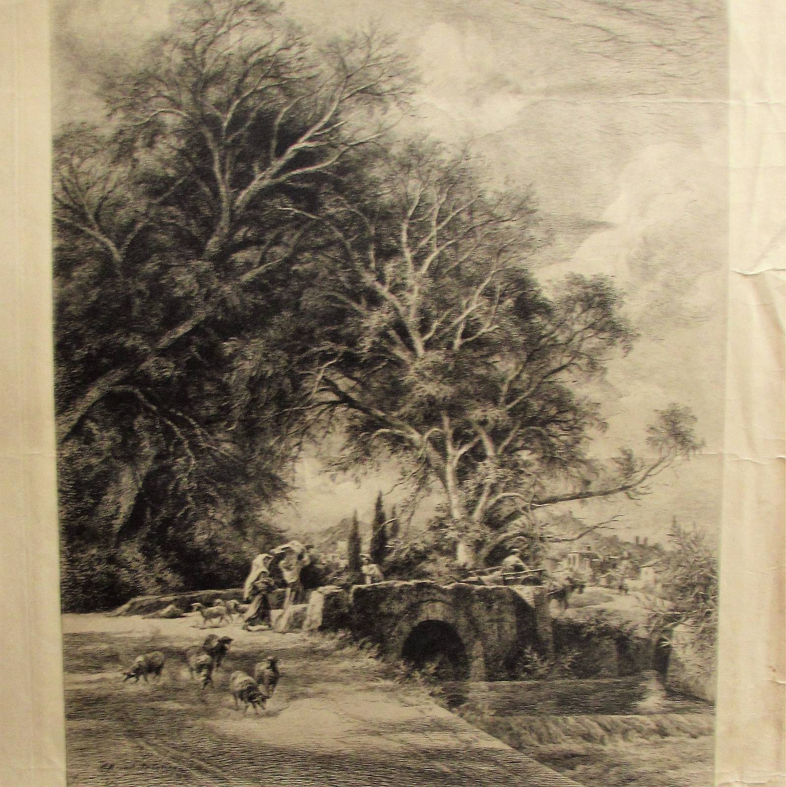 Brunet-debaines L. Alfred : paysage Sud-européen, aux moutons, rivière, pont.. Historien d'art, Archéologue; Chercheur Free-Lance (Er)